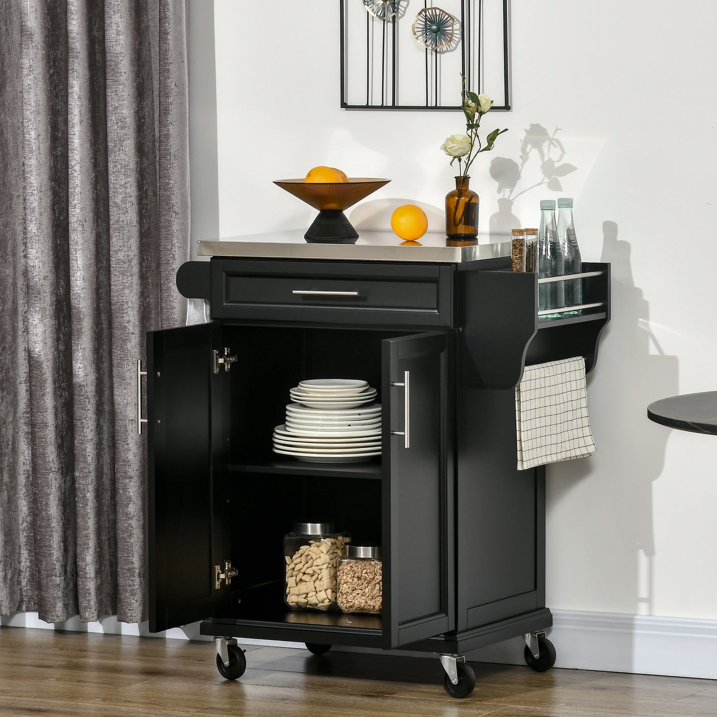 HOMCOM Kitchen Island with Stainless Steel Top, Rolling Kitchen Cart on Wheels with Storage Drawer, Cabinet, Towel Rack and Spice Rack (Black)