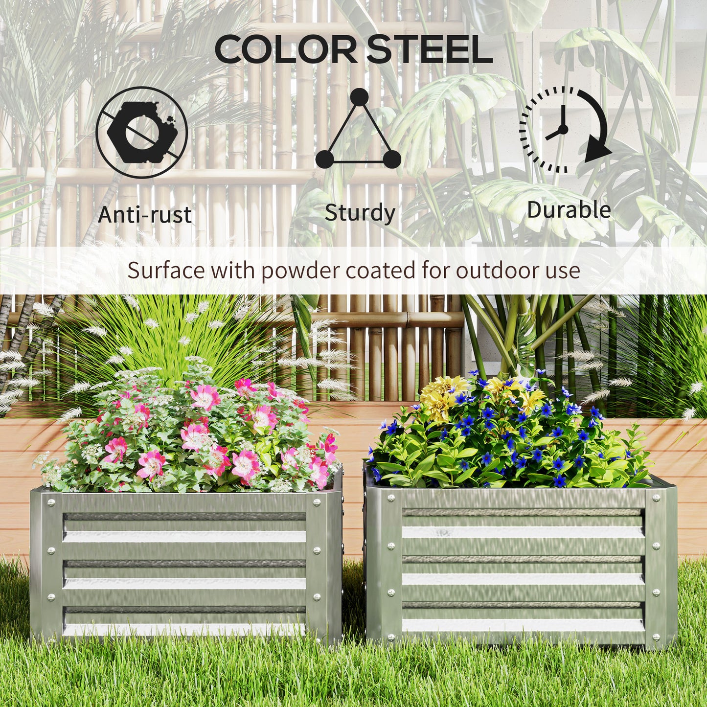 Outsunny 2' x 2' x 1' 2-Pieces Raised Garden Bed with Galvanised Steel Frame for Vegetables, Flowers, Herbs, Silver