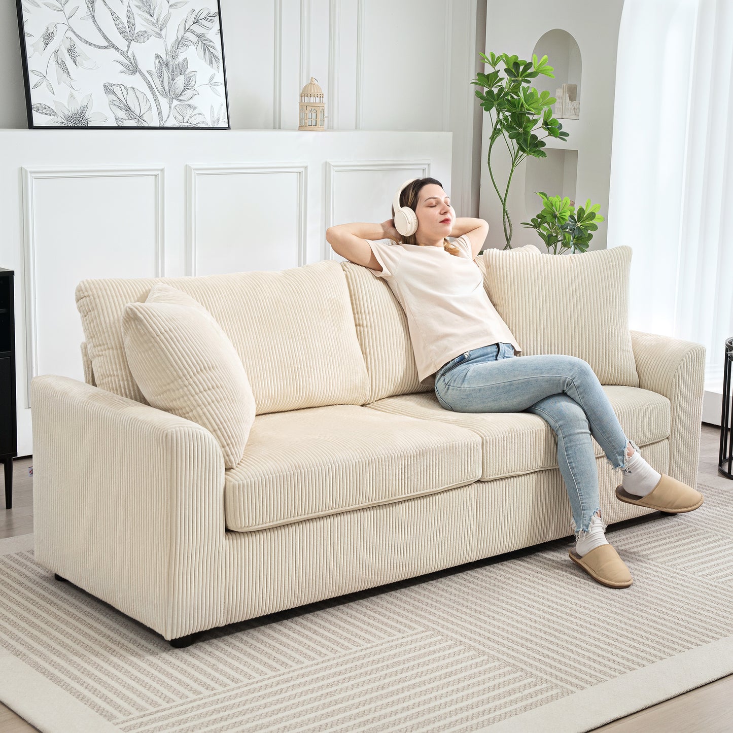 HOMCOM 3 Seater Sofa, 83.5" Modern Upholstered Couch with Pocket Spring and 2 Scatter Cushions for Living Room, Cream White