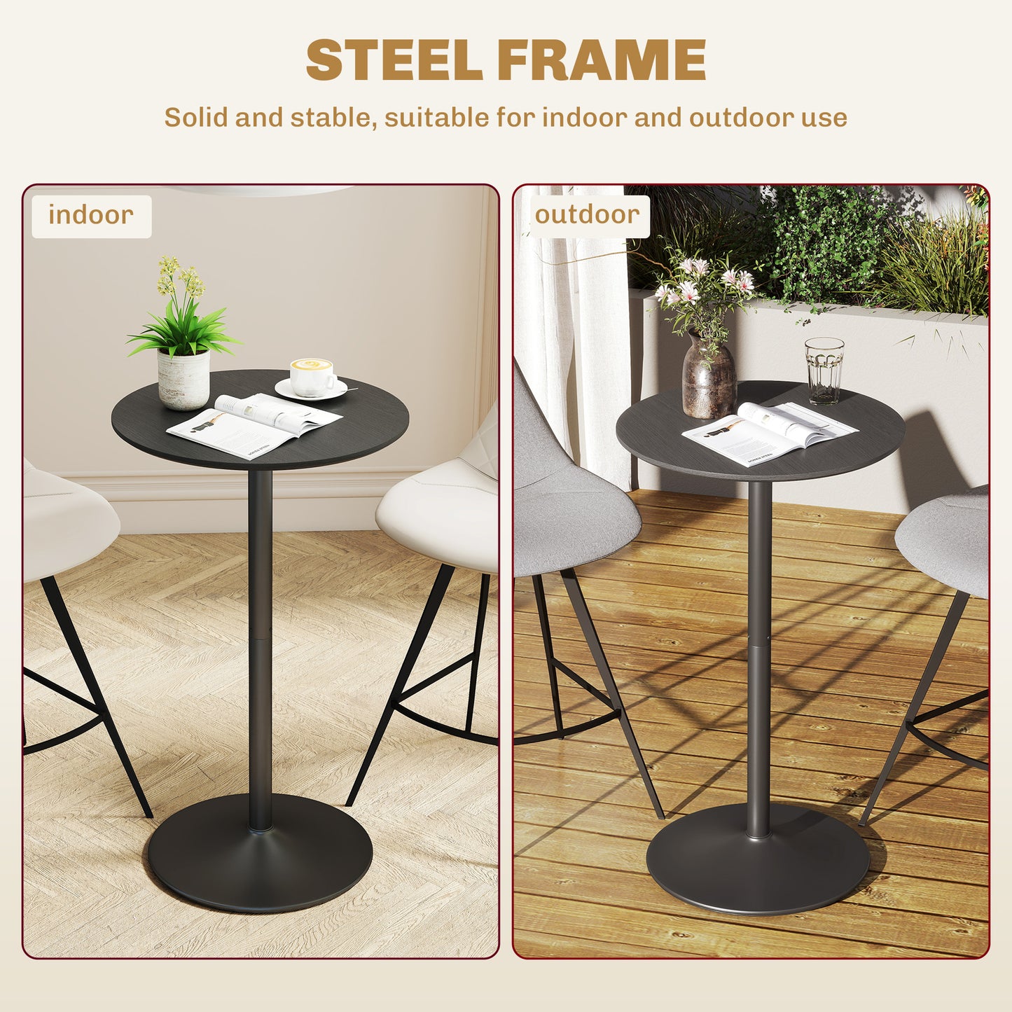 HOMCOM Round Table for 2, 40.2 Inch Bar Height Pub Table with Steel Frame, Non-Slip Base for Living Room, Kitchen, Natural Wood