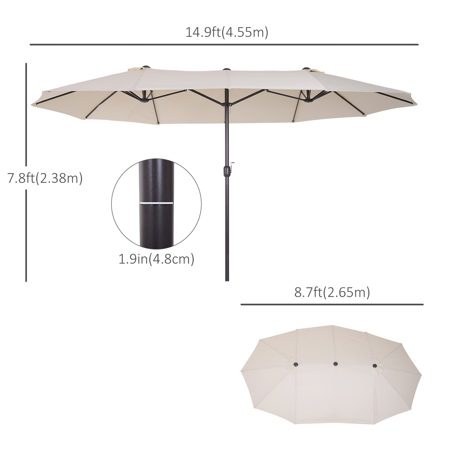Outsunny 15' Double-Sided Patio Umbrella Parasol Sun Shelter Canopy Shade Grey