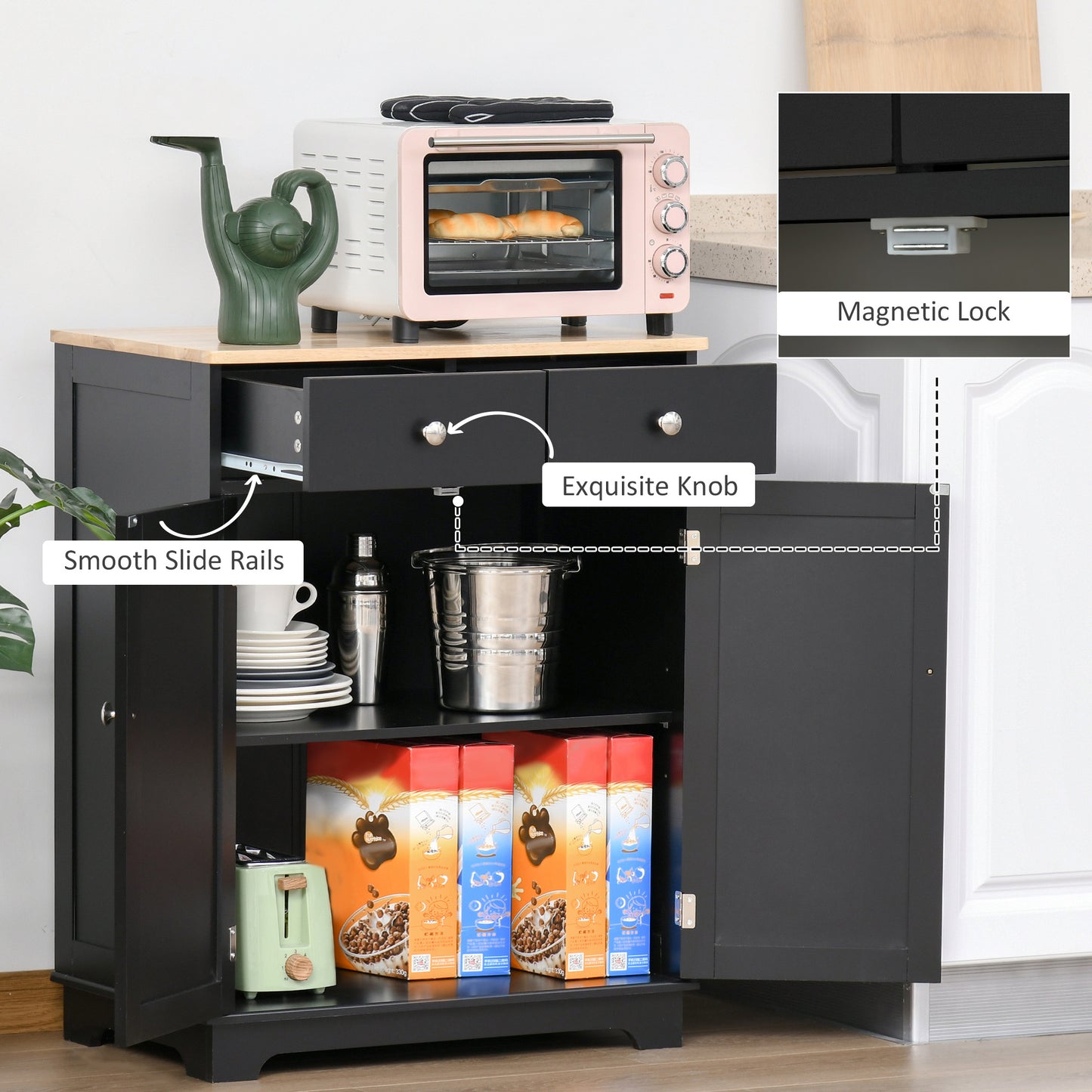 HOMCOM Sideboard Buffet Cabinet with Storage, 27" Kitchen Cabinet with Adjustable Shelf, 2 Drawers and 2 Doors, Coffee Bar Cabinet with Rubberwood Tabletop, White
