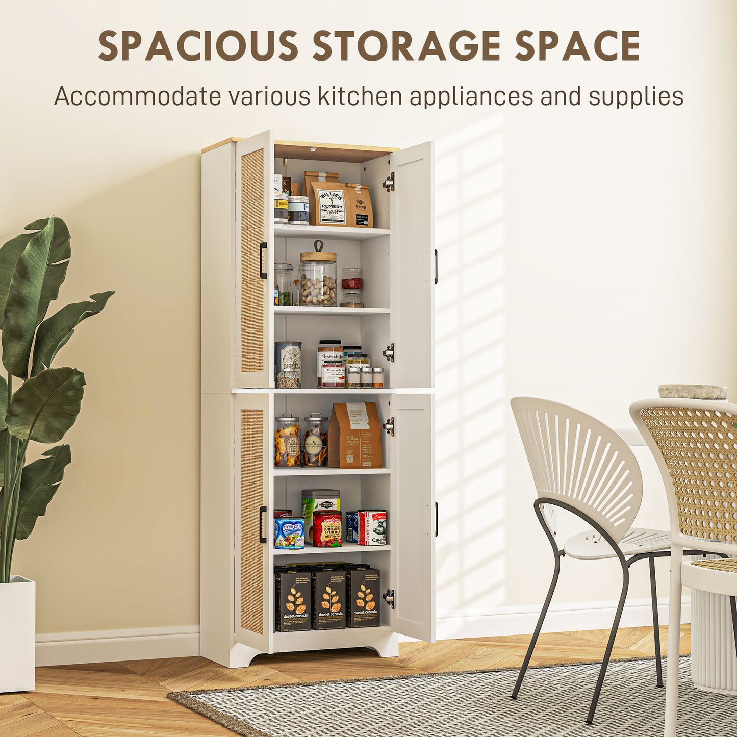 HOMCOM 67" Tall Kitchen Pantry, Freestanding Kitchen Storage Cabinet with 4 Rattan Doors and Adjustable Shelves, White