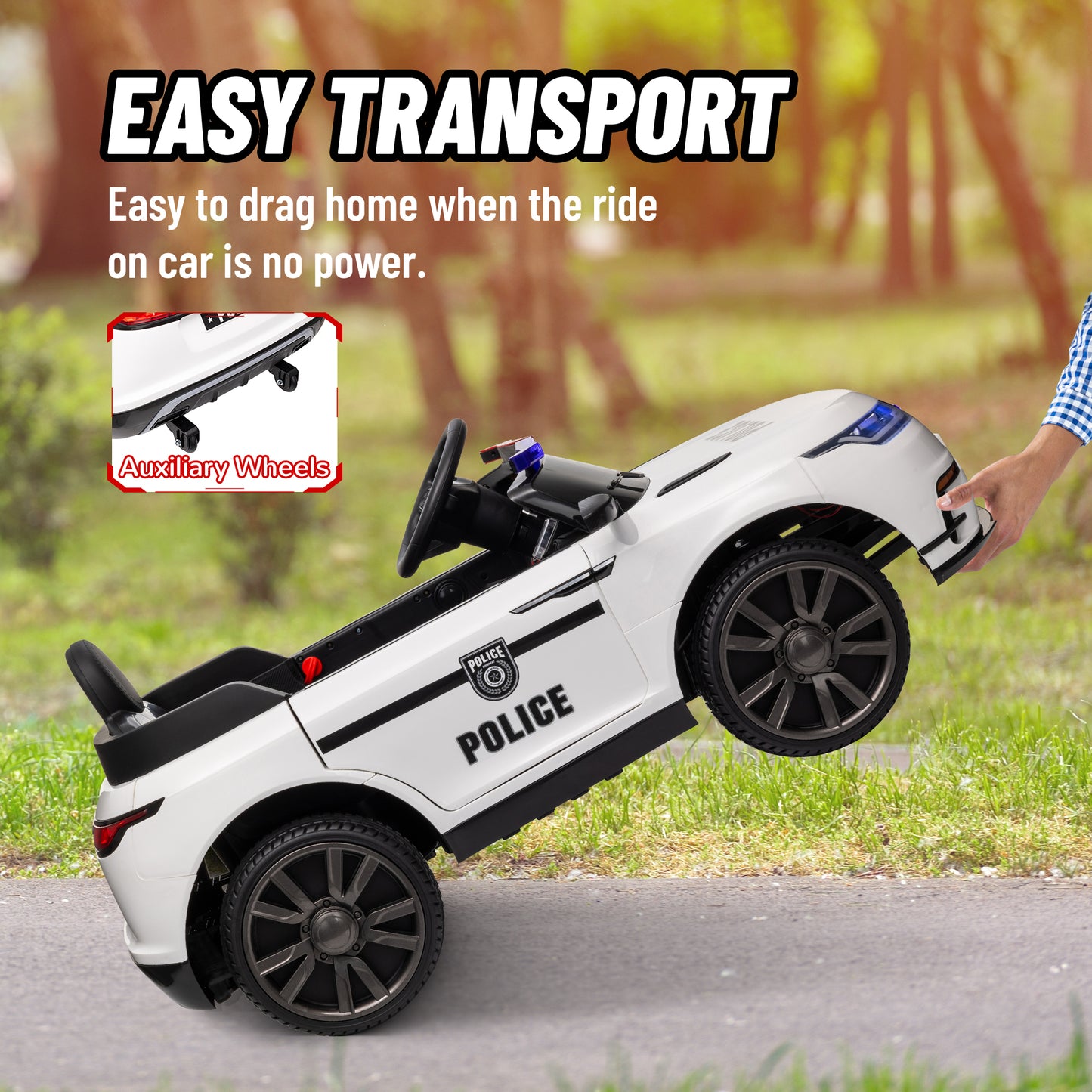 Qaba 12V Kids Electric Police Car w/ Remote Control, Spring Suspension, Transport Wheel, Siren, Music, Light, Horn, Black
