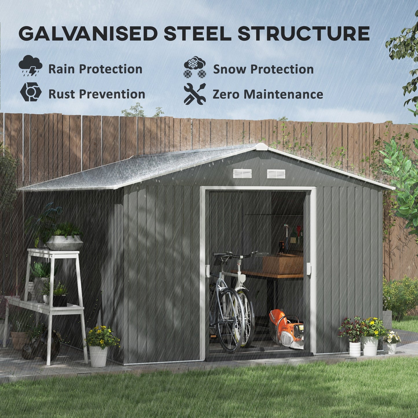 Outsunny 9.1'x6.4'x6.3' Garden Storage Shed w/ Foundation Kit Metal Tool Storage House w/ Double Doors Light Green
