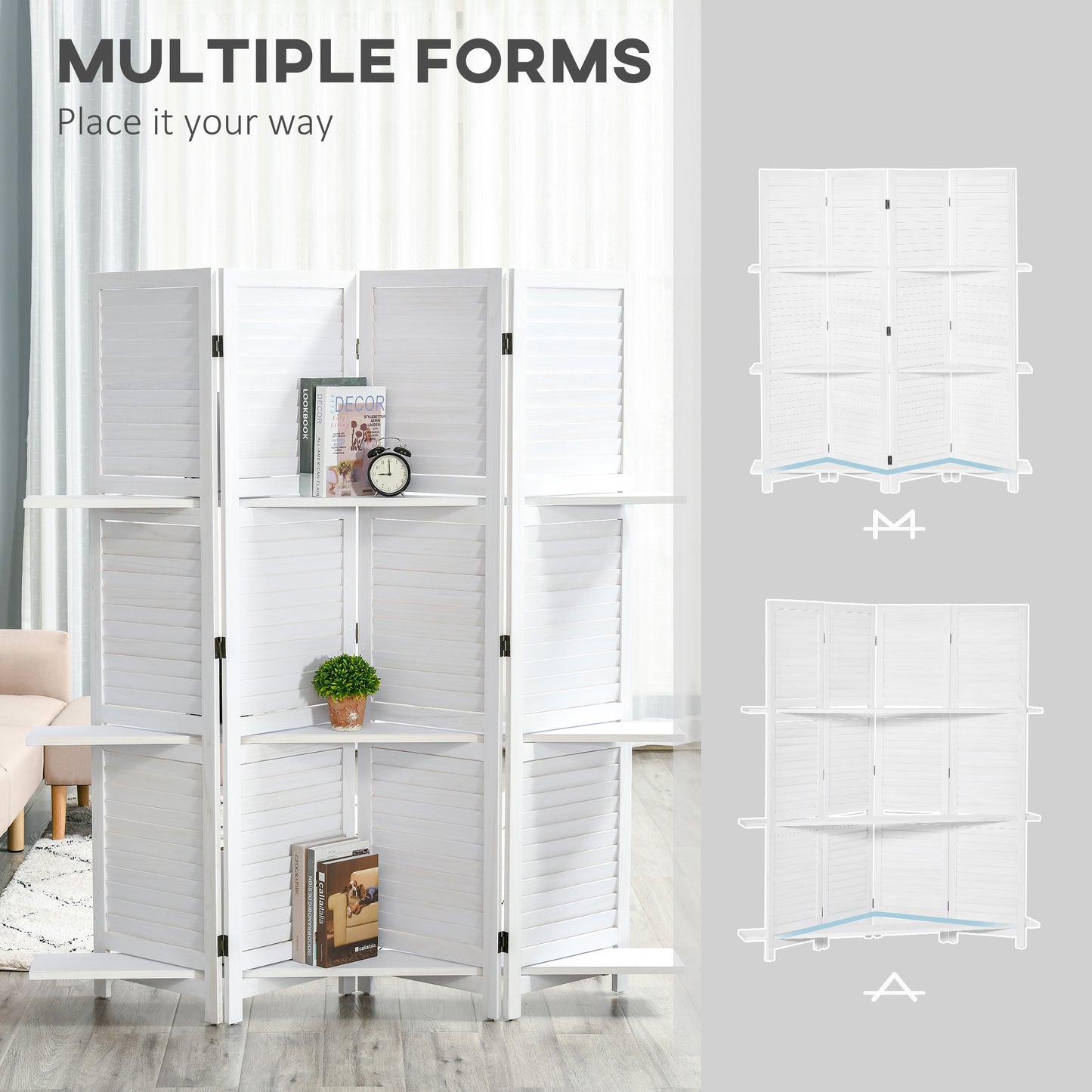 HOMCOM 4-Panel Wall Partition Room Separator with 3 Storage Shelves Foldable Design Wooden Frame 5.6FT White