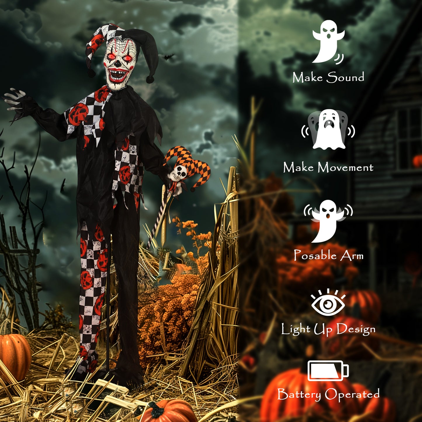 Outsunny Life Size Halloween Animated Clown with Red Light Up Eyes, Sound Activated Scary Halloween Decorations, Battery Operated