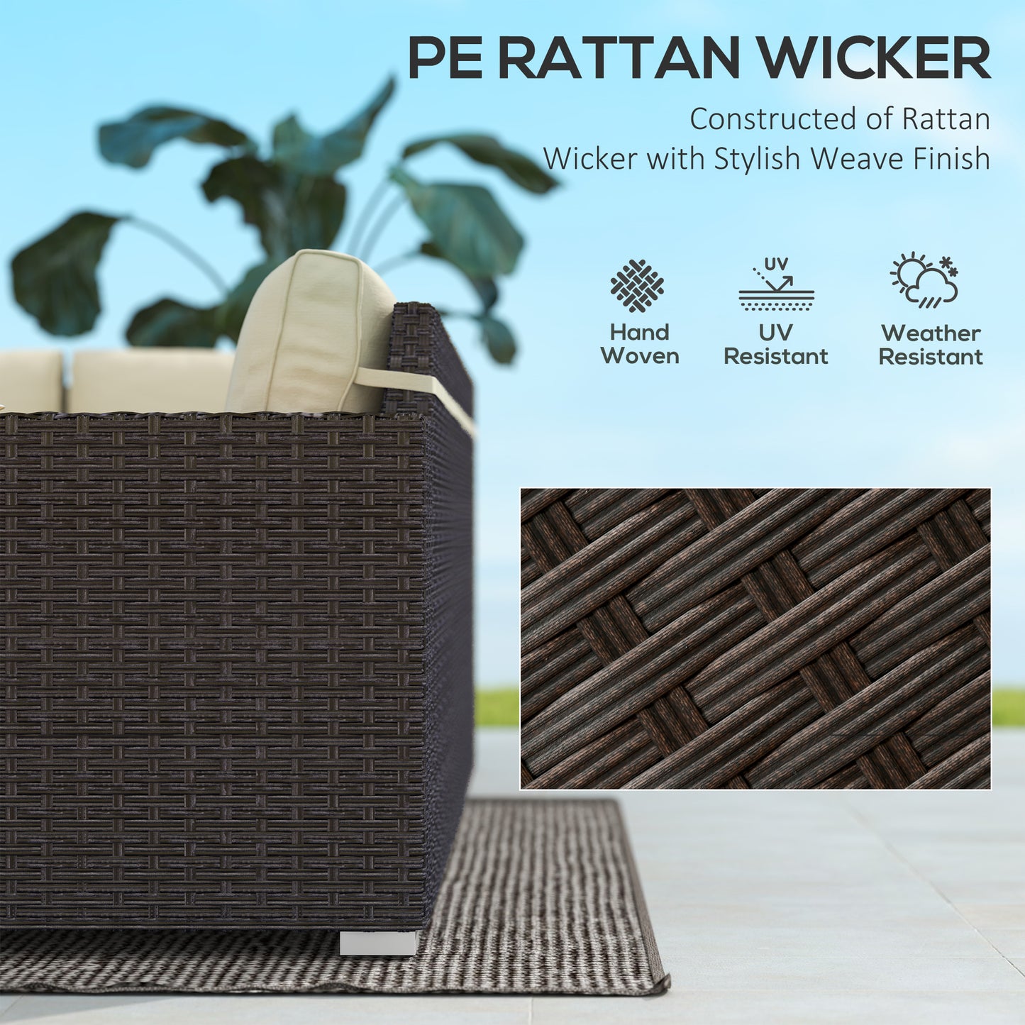 Outsunny 6 Pieces Outdoor Rattan Patio Furniture Set with Corner Sofa, Wood-Plastic Coffee Table, Navy Blue