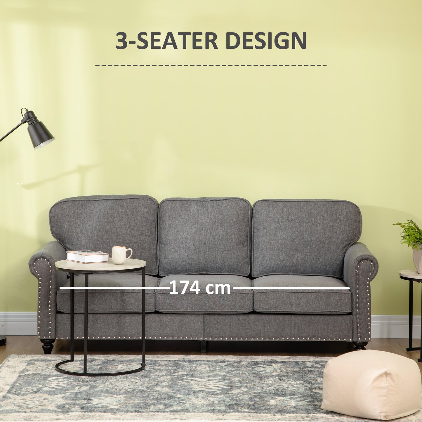 HOMCOM 3-Seater Sofa Couch, 81" Modern Upholstered Linen Fabric Sofa with Rubberwood Legs, Nailhead Trim and Rolled Arms for Living Room, Bedroom and Apartment, Grey
