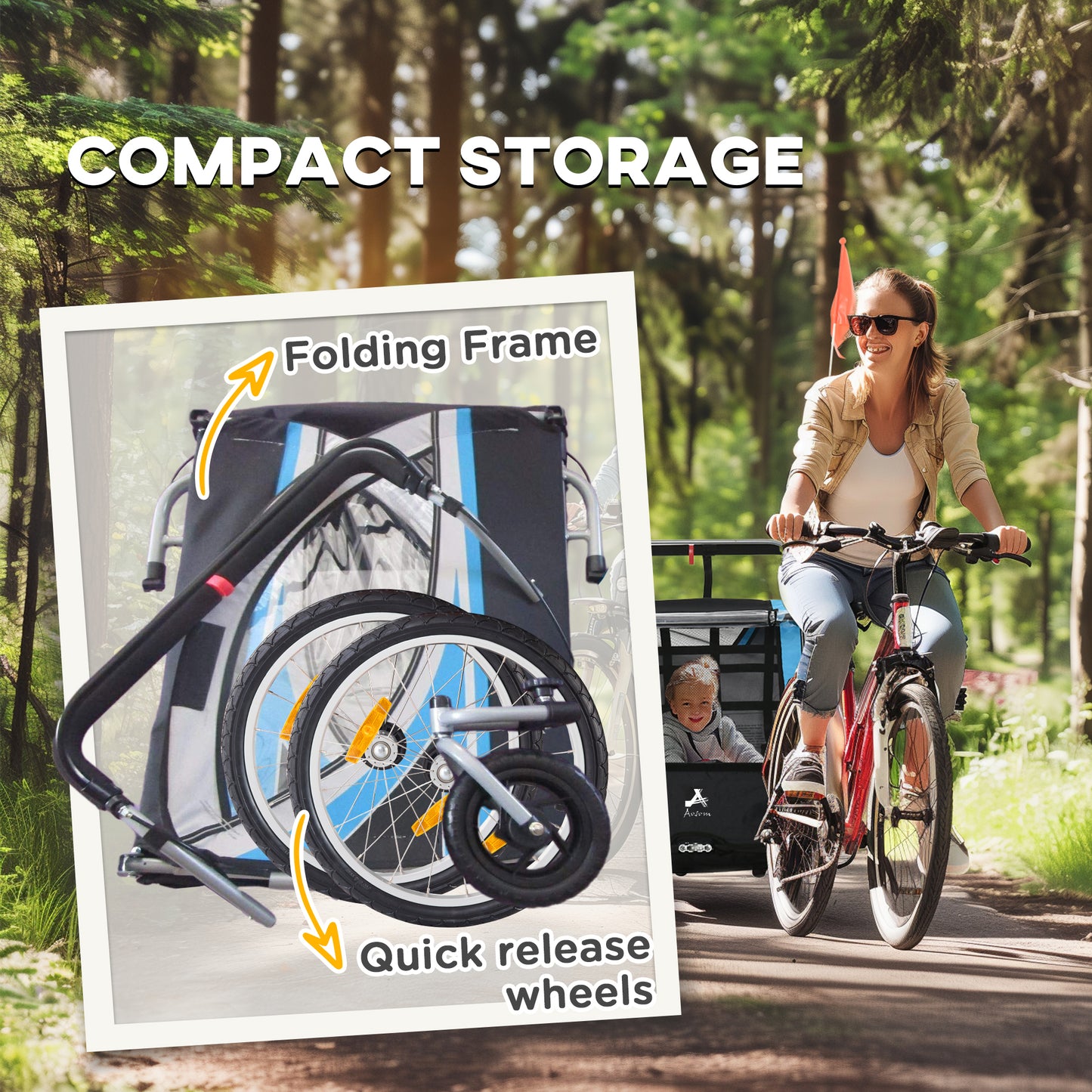 Aosom 2 Seat Bike Trailer for Kids 2-in-1 Double Baby Jogging Stroller with Handbrake, Rubber Wheels, 5 Point Harness, Waterproof Cover, Storage Bag, Reflectors, Yellow