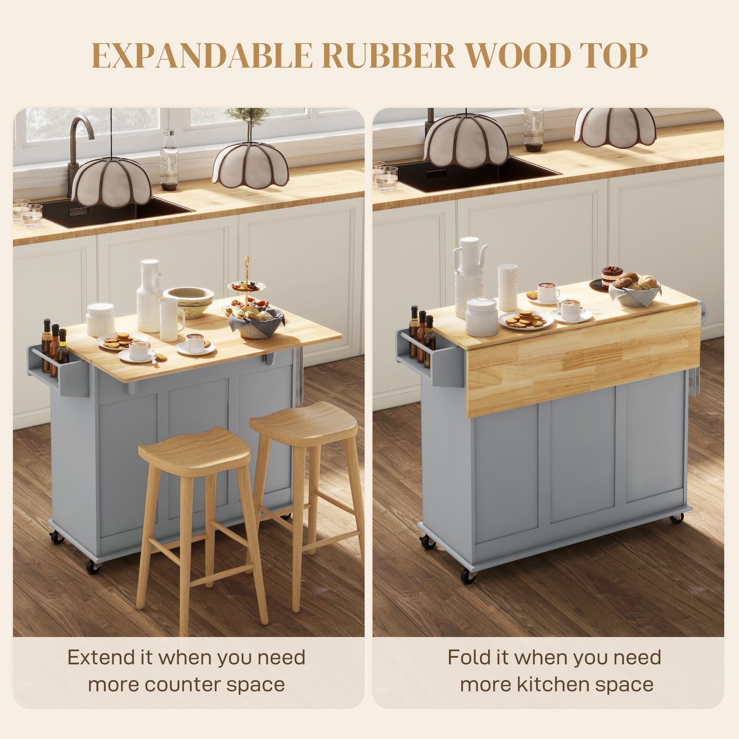 HOMCOM Kitchen Island with Drop Leaf, Rolling Kitchen Cart on Wheels with 3 Drawers, Cabinet, Natural Wood Top, Spice Rack and Towel Rack, White
