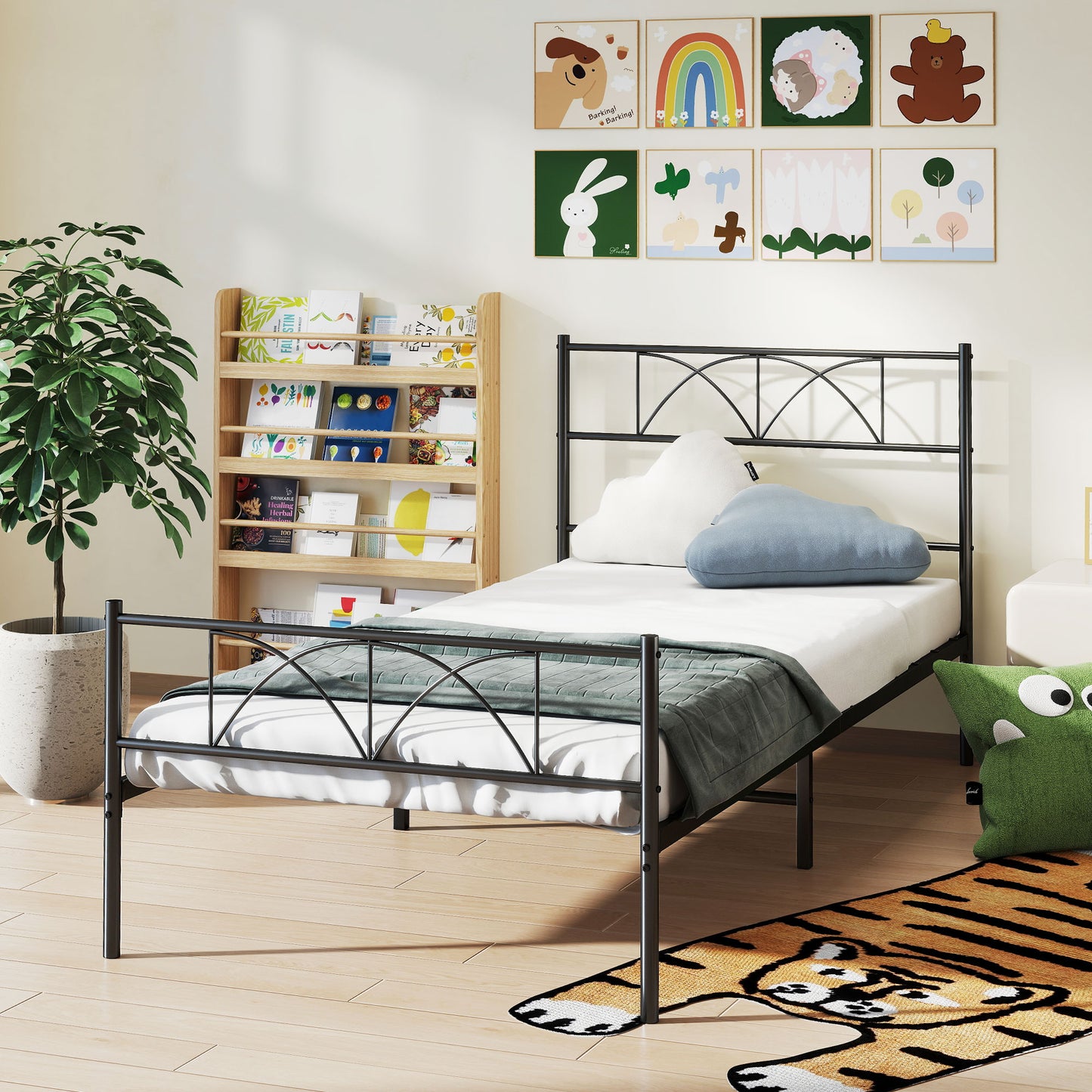 HOMCOM Metal Full Platform Bed Frame with Headboard, Steel Slat Support, Underbed Storage, No Box Spring Needed, Easy Assembly