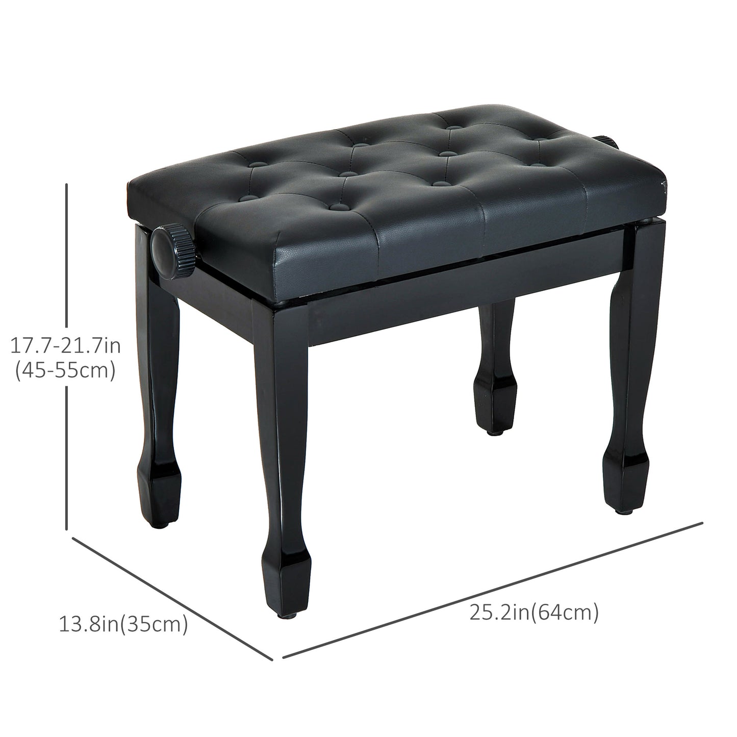 HOMCOM 25" Adjustable Height Piano Bench with Padded Cushion, Keyboard Seat with Storage and Solid Wood Legs, Black