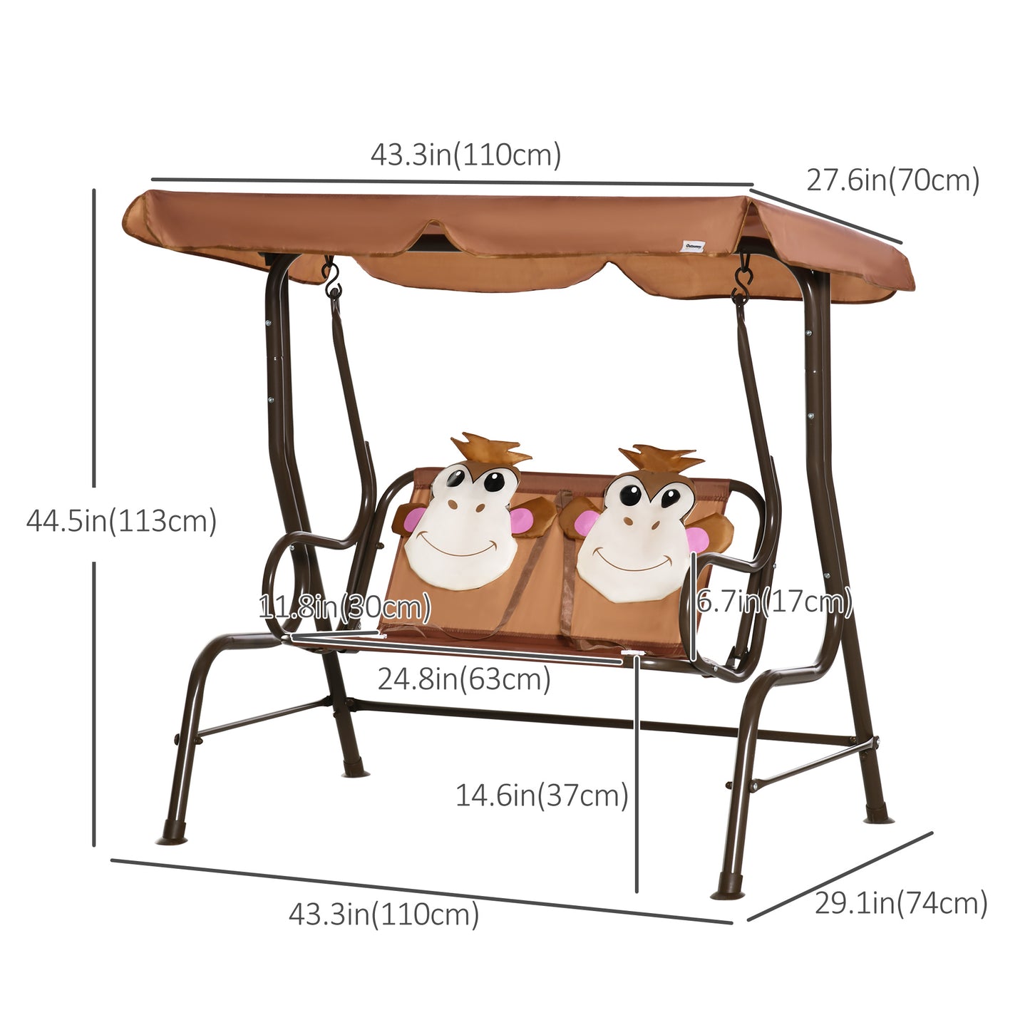 Outsunny 2-Seat Kids Porch Swing Chair, Children Outdoor Patio Furniture Lounge Chair for Garden, with Adjustable Canopy, Seat Belt, Monkey Pattern, for 3-6 Years Old, Coffee