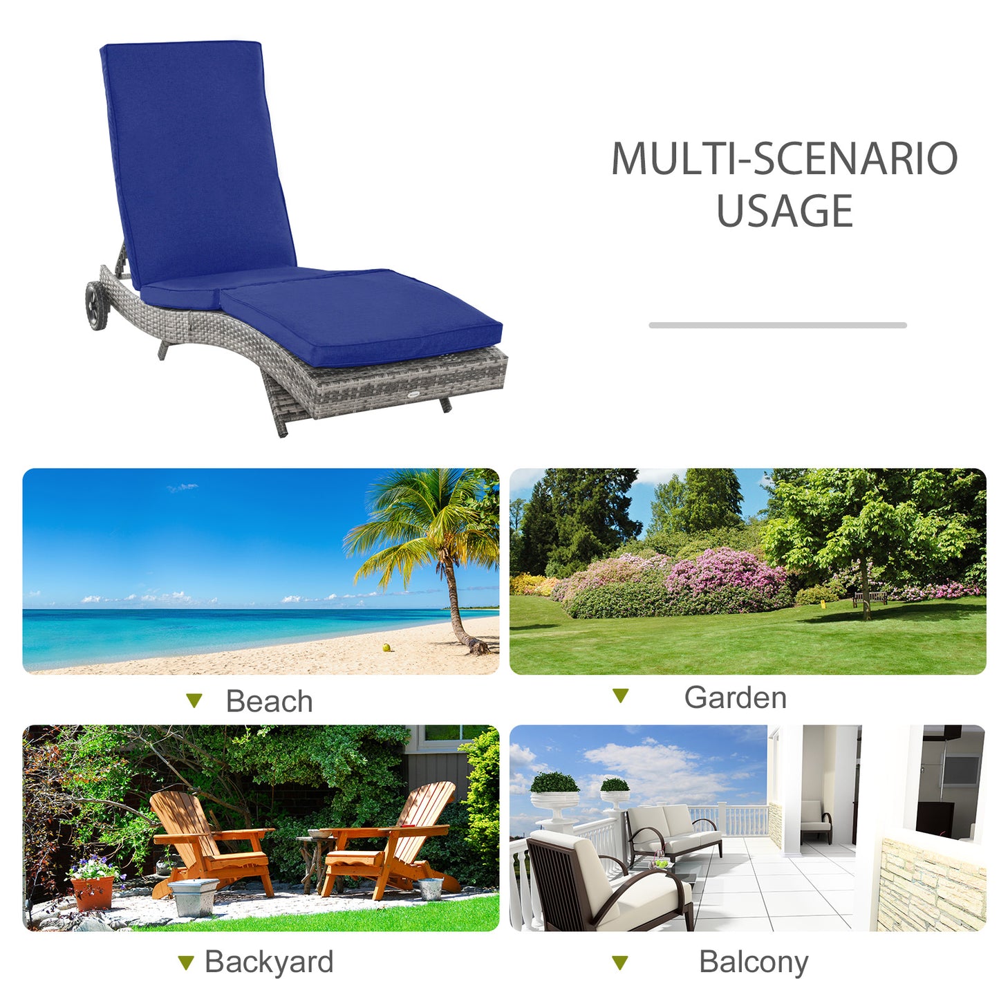 Outsunny Outdoor Adjustable Wicker Chaise Lounge Chair with Cushion & Wheels for Patio, Deck, Poolside, Sky Blue