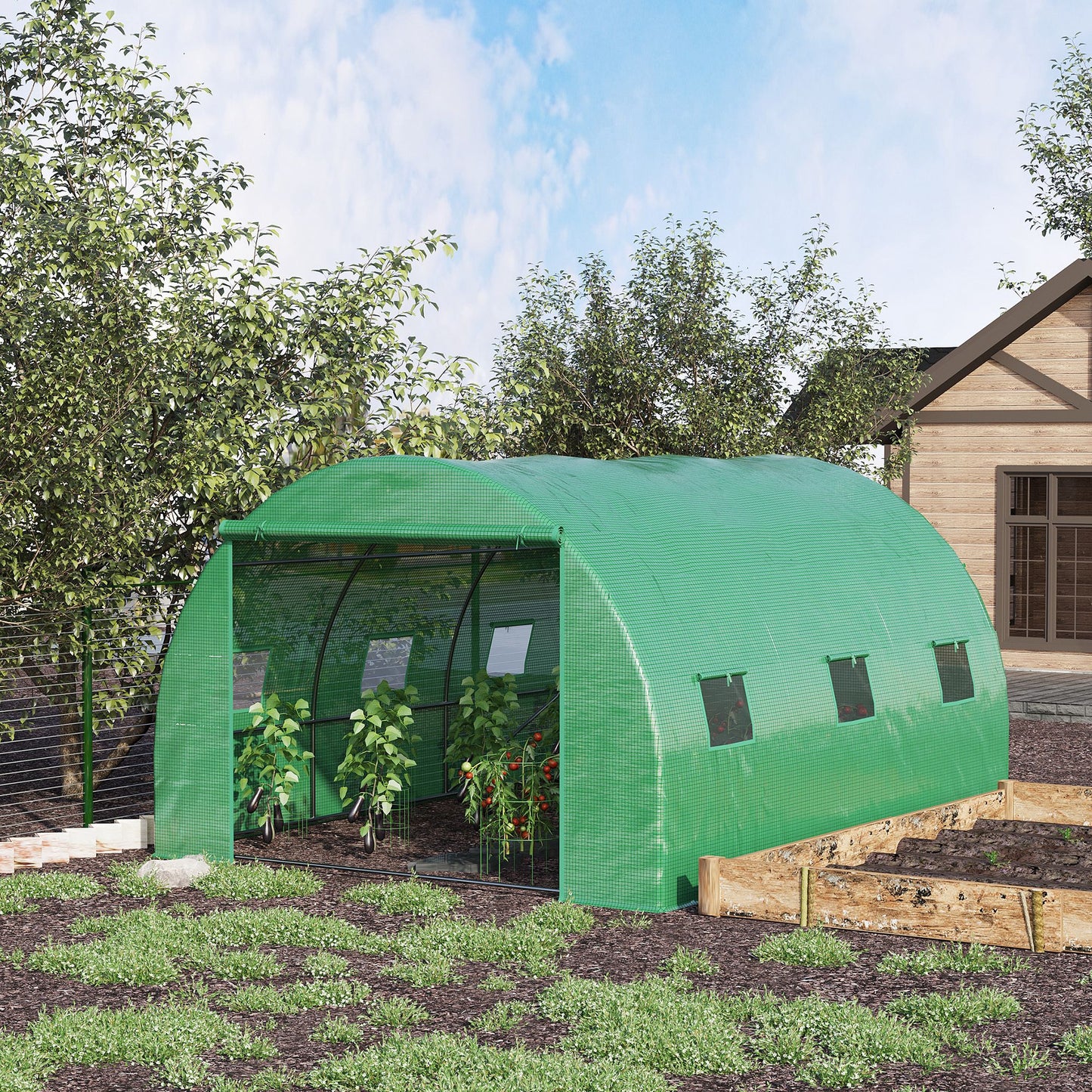 Outsunny 13' x 10' x 6.6' Walk-in Polytunnel Greenhouse, Outdoor Garden Tunnel Greenhouse Tent with Zipped Roll-Up Door and 6 Mesh Windows, Green
