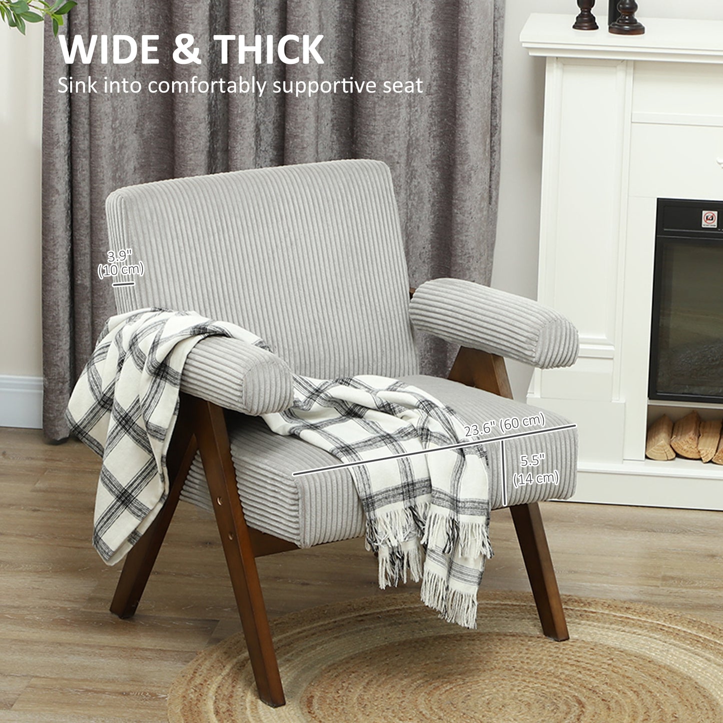 HOMCOM Corduroy Accent Chair Armchair with Wide Seat and Soft Padded Armrests for Reading, Bedroom, Dark Grey