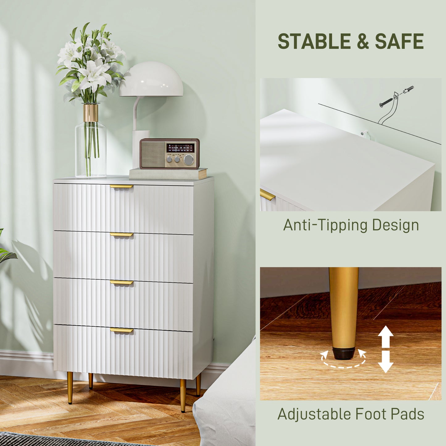 HOMCOM Modern Chest of Drawers 4 Drawer Dresser for Bedroom with Gold Legs and Handles, White