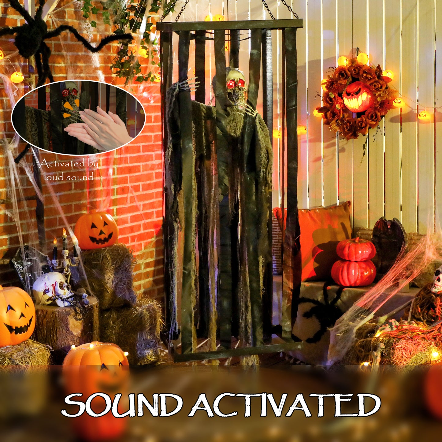 Outsunny Animatronics Hanging Skeleton Reaper in Cage, Voice-Activated Prop with Flashing Eyes, Easy Setup Indoor