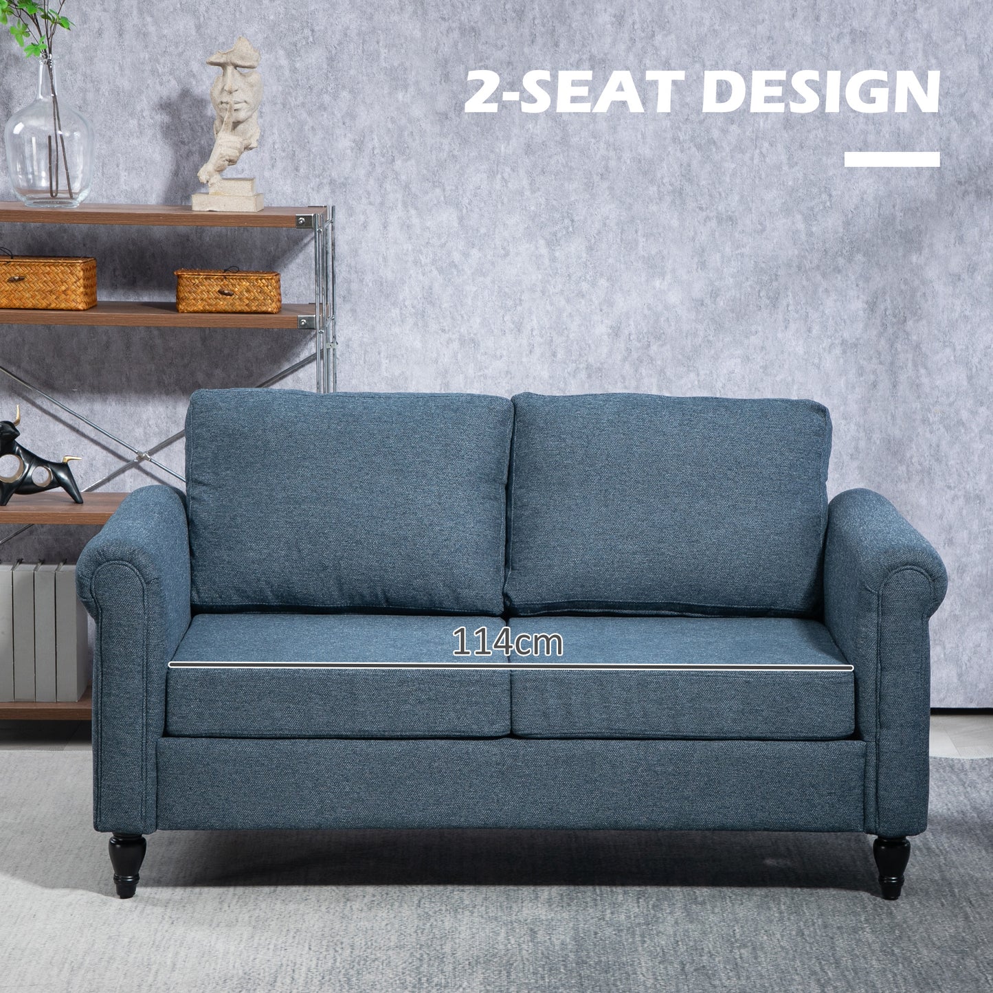 HOMCOM Vintage Loveseat, Upholstered Love Seat Furniture, Chenille-feel Fabric 2 Seater Sofa Couch with Rolled Arms, Gourd-Shaped Rubber Wood Legs for Living Room, Dark Grey