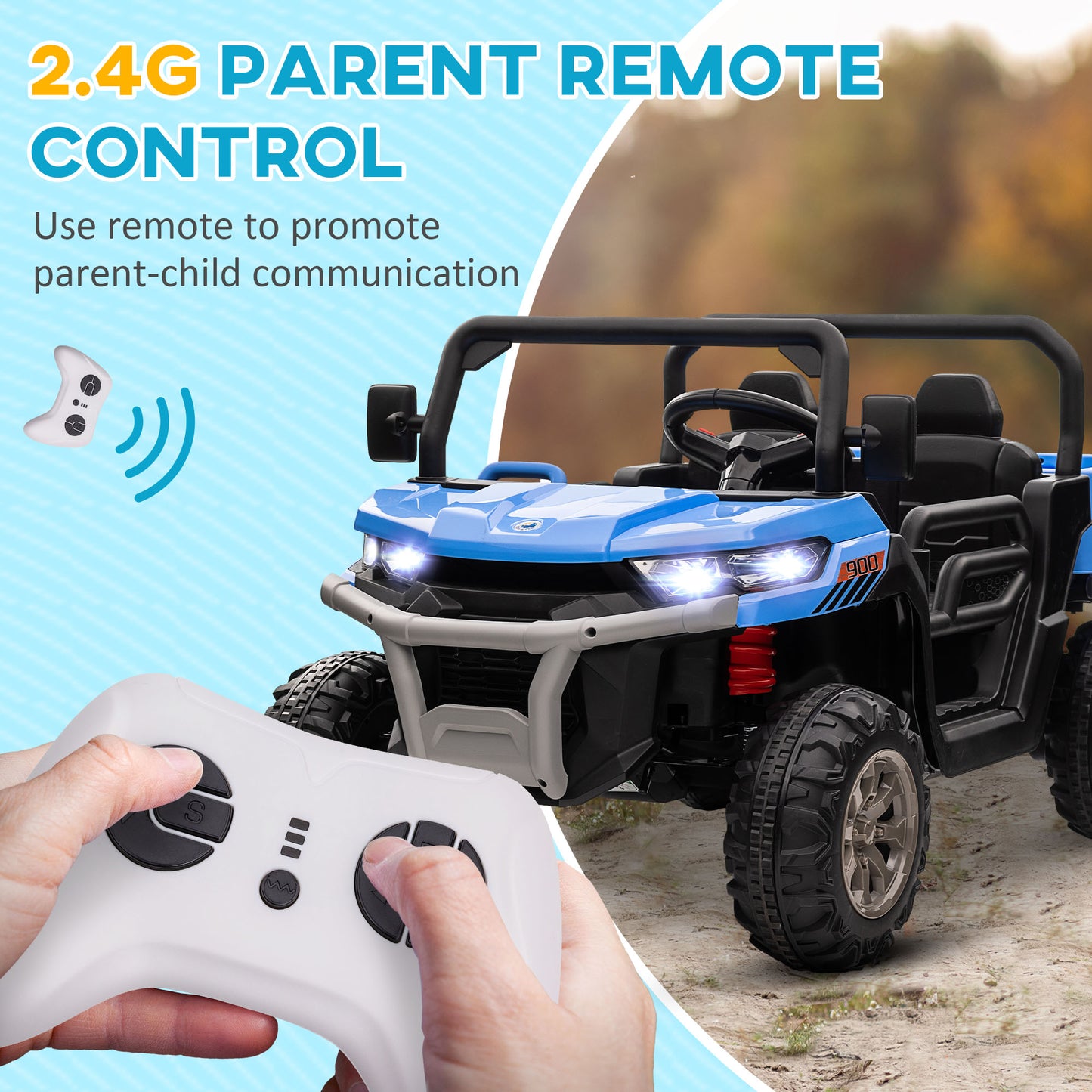 Aosom 12V Ride on Car with Electric Bucket, Two-Seater, Shovel, Remote Control, Spring Suspension, Horn, Music, Red