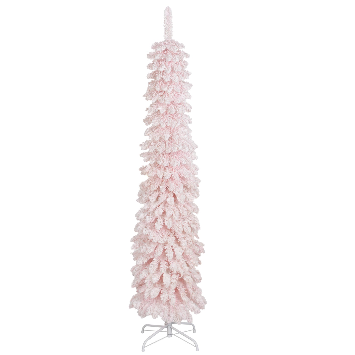 HOMCOM 5ft Snow-Flocked Artificial Christmas Tree, Slim Pencil Xmas Tree with 301 Realistic Branches, Metal Base, Pink