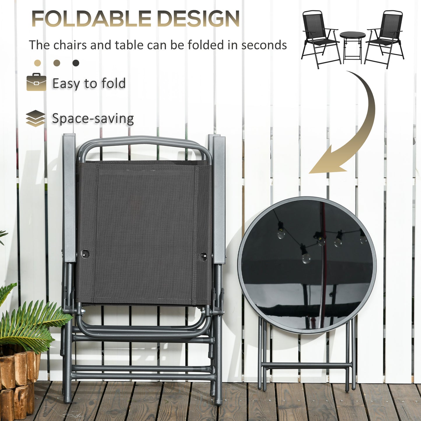 Outsunny 3 Pieces Bistro Set, Foldable Patio Furniture Set with Mesh Chairs, Glass Table for Garden, Balcony, Charcoal Grey