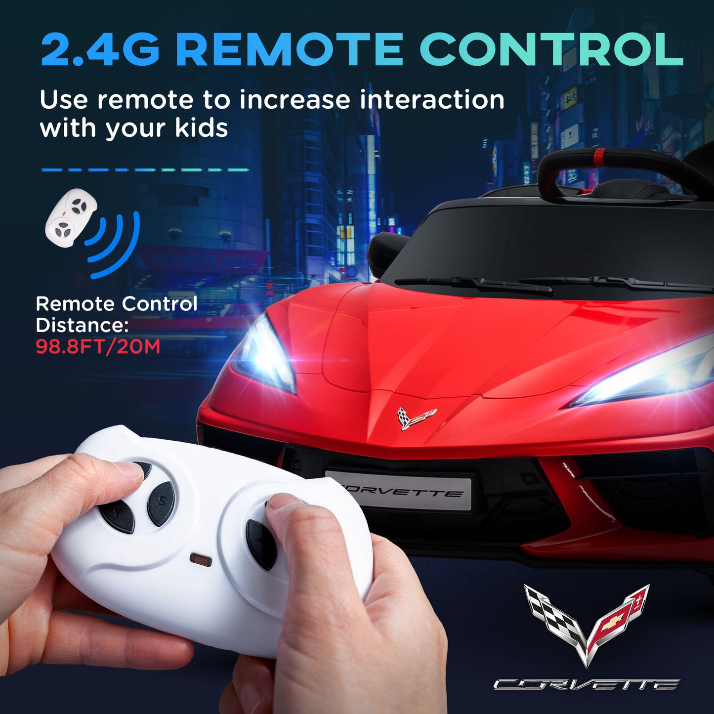 Qaba 12V Kids Electric Car Corvette Licensed w/ Remote Control, Suspension System, Music, Headlight, Slow Start, Red