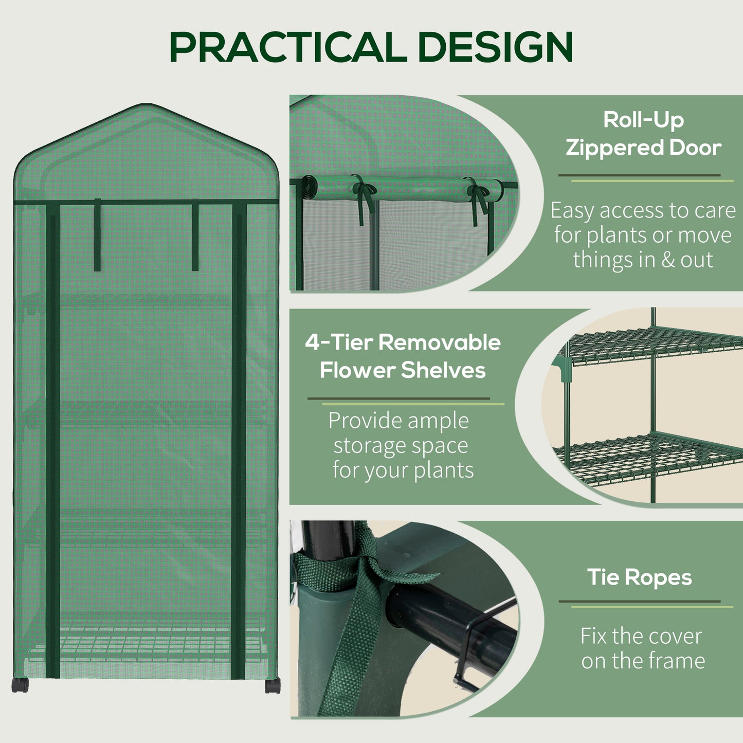 Outsunny Portable Greenhouse, Outdoor Hot House Plant Flower Greenhouse with 4 Tier Shelves, Steel Frame, PE Cover, Dark Green