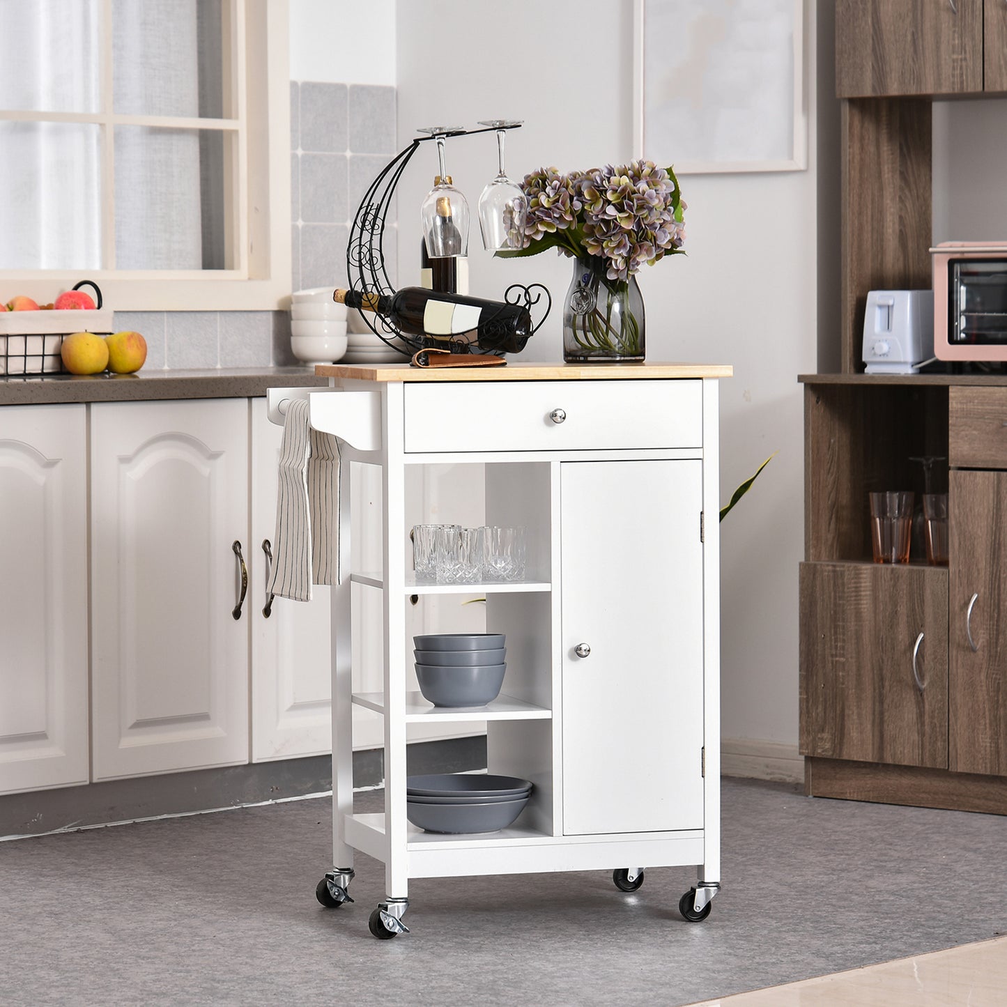 HOMCOM Modern Rolling Kitchen Island Cart with Drawer, Natural Wood Top, Towel Rack, Door Storage Cabinet, White