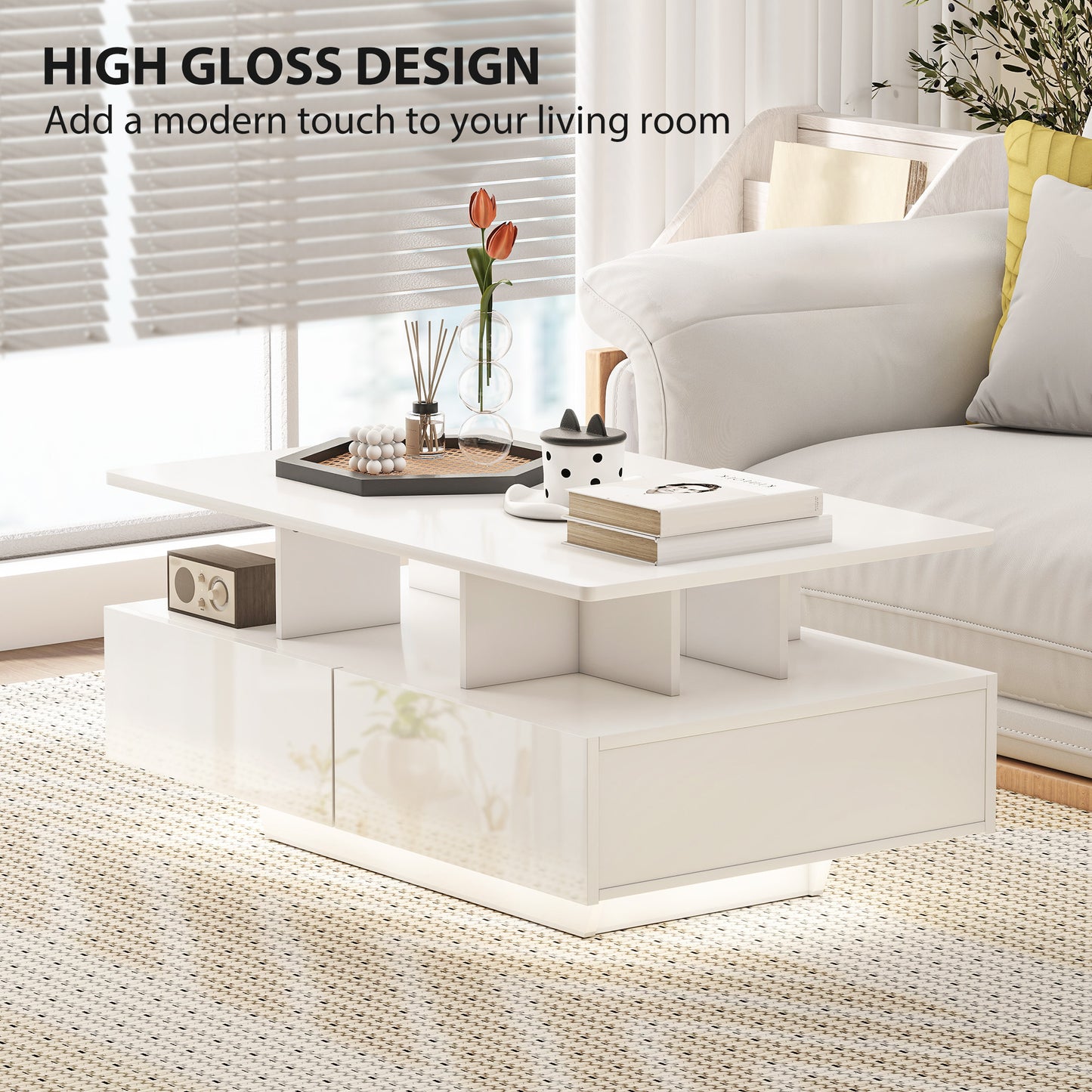 HOMCOM Coffee Table with RGB LED Lights, Modern Living Room Table with 4 Drawers, Open Shelf, Remote Control, High Gloss White