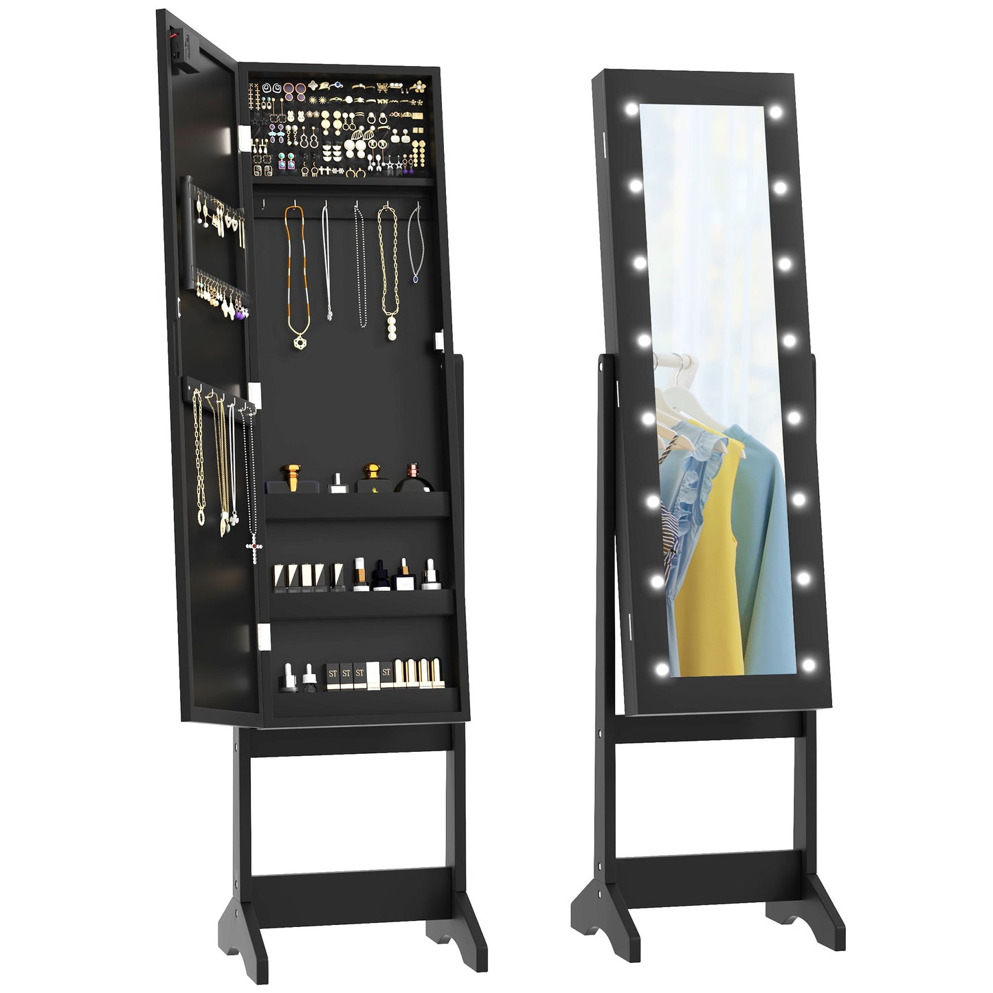 HOMCOM Free Standing Armoire Organizer, Lighted Mirrored Jewelry Cabinet w/ Angle Adjustable & 16 LED Lights Warm White