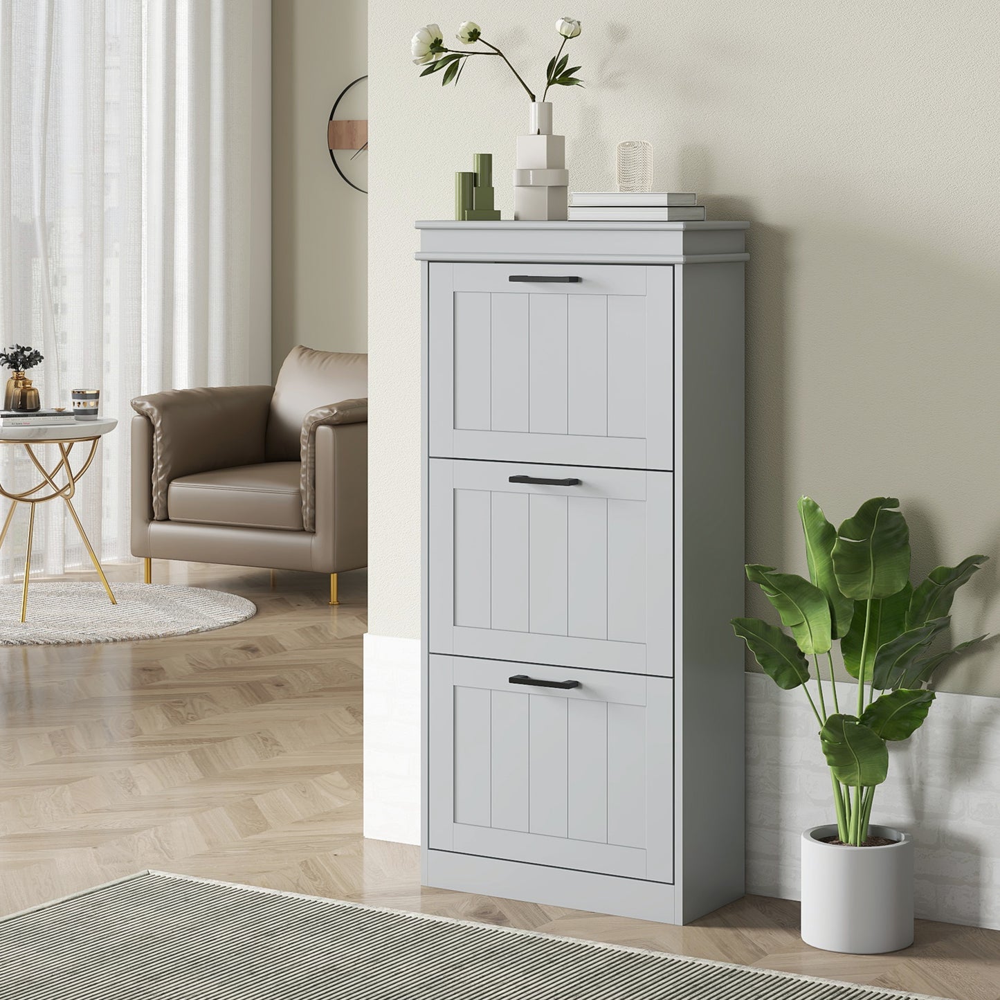 HOMCOM Slim Shoe Cabinet with 3 Flip Drawers and Adjustable Shelves, Narrow Shoe Cabinet for 15 Pairs of Shoes, White