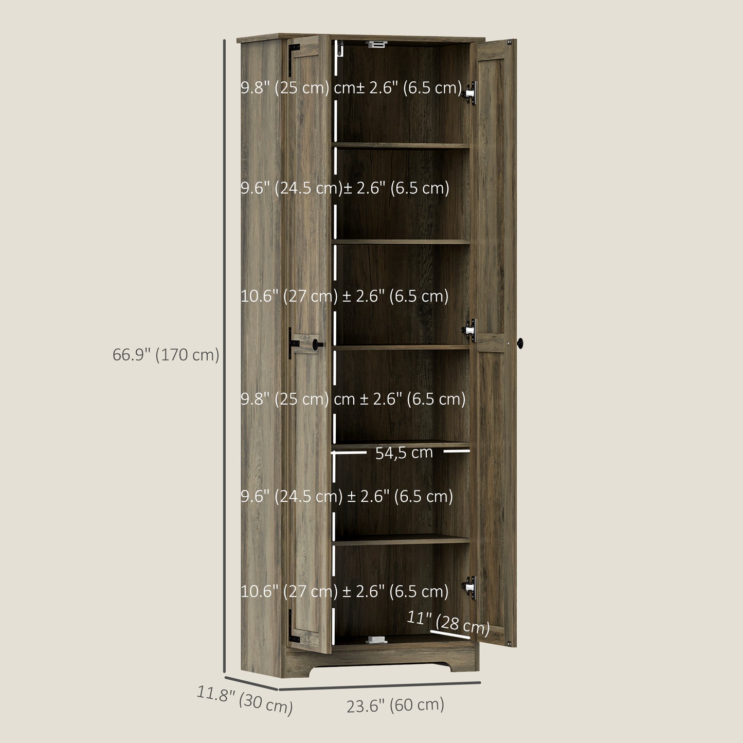HOMCOM 67" Farmhouse Pantry Cabinet with 2 Doors, Tall Storage Cabinet with Adjustable Shelves, Distressed White