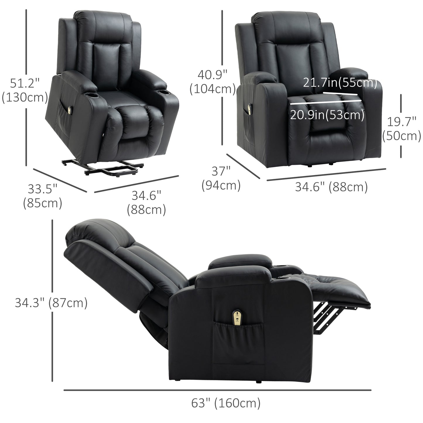 HOMCOM Electric Power Lift Chair, PU Leather Recliner Sofa with Footrest, Remote Control and Cup Holders, Brown