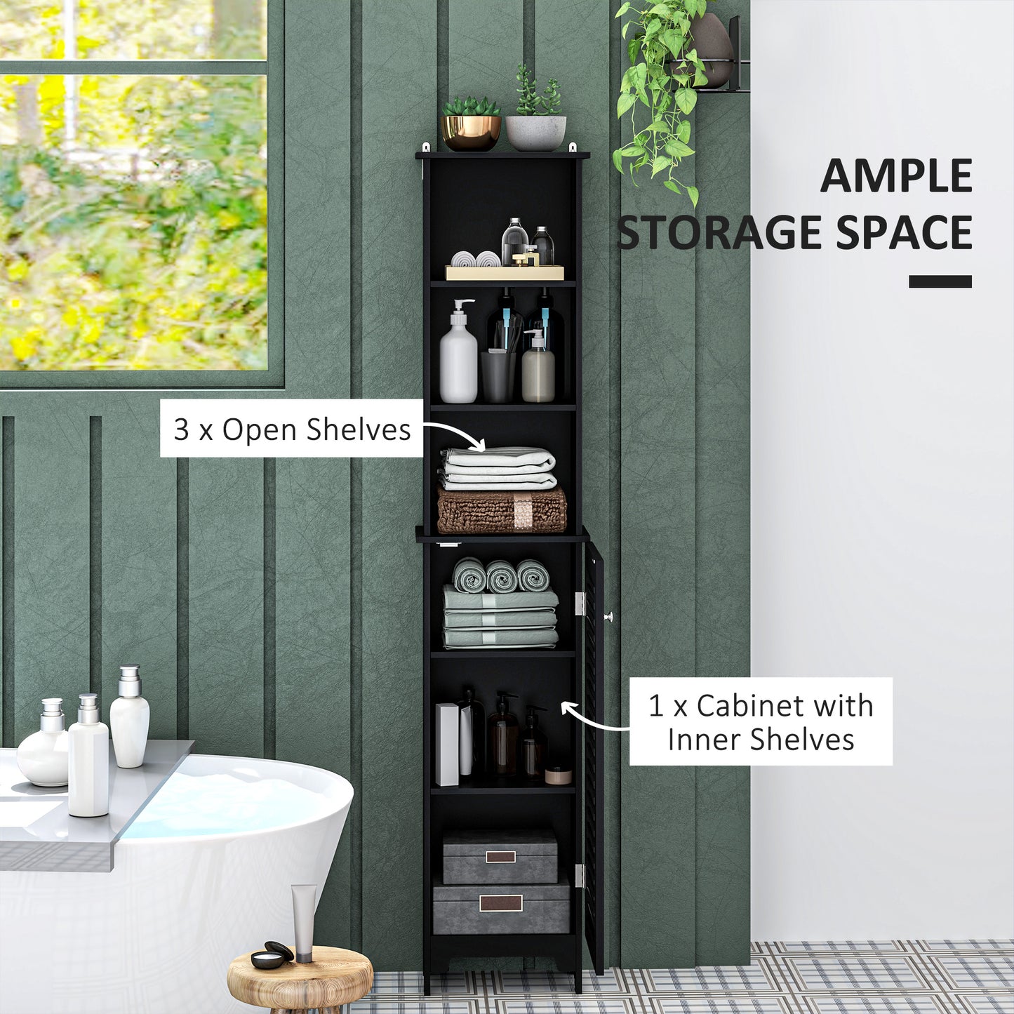 HOMCOM Tall Bathroom Storage Cabinet, Freestanding Linen Tower with 3-Tier Open Adjustable Shelf, White