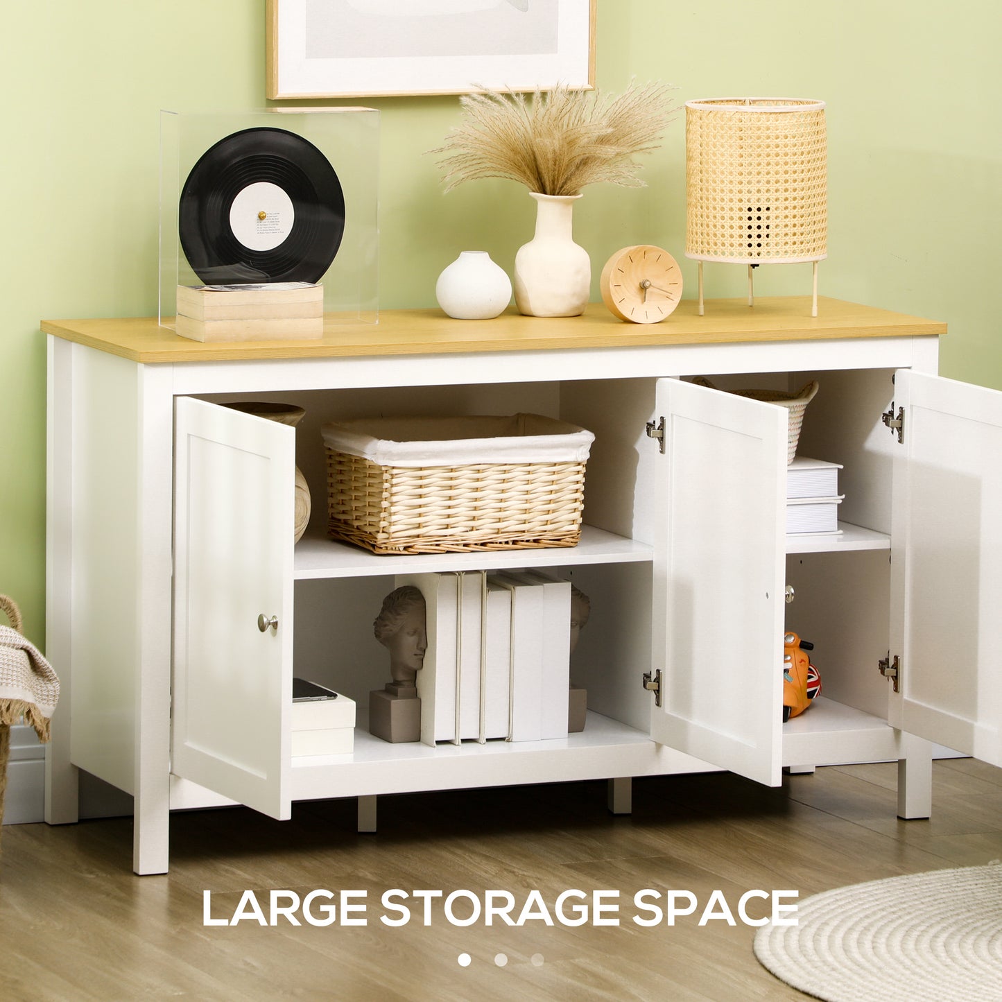 HOMCOM Sideboard, Buffet Cabinet with Doors and Adjustable Shelves for Living Room, Entryway, White and Natural