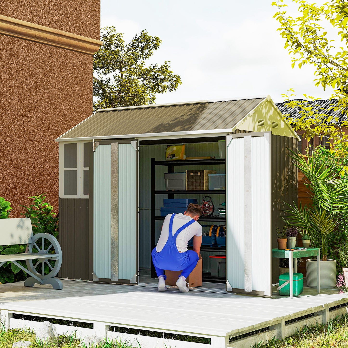 Outsunny 8.5' x 5.5' Metal Garden Storage Shed, Outdoor Tool Storage House with Lockable Door, Vents, Sloped Roof, Light Grey