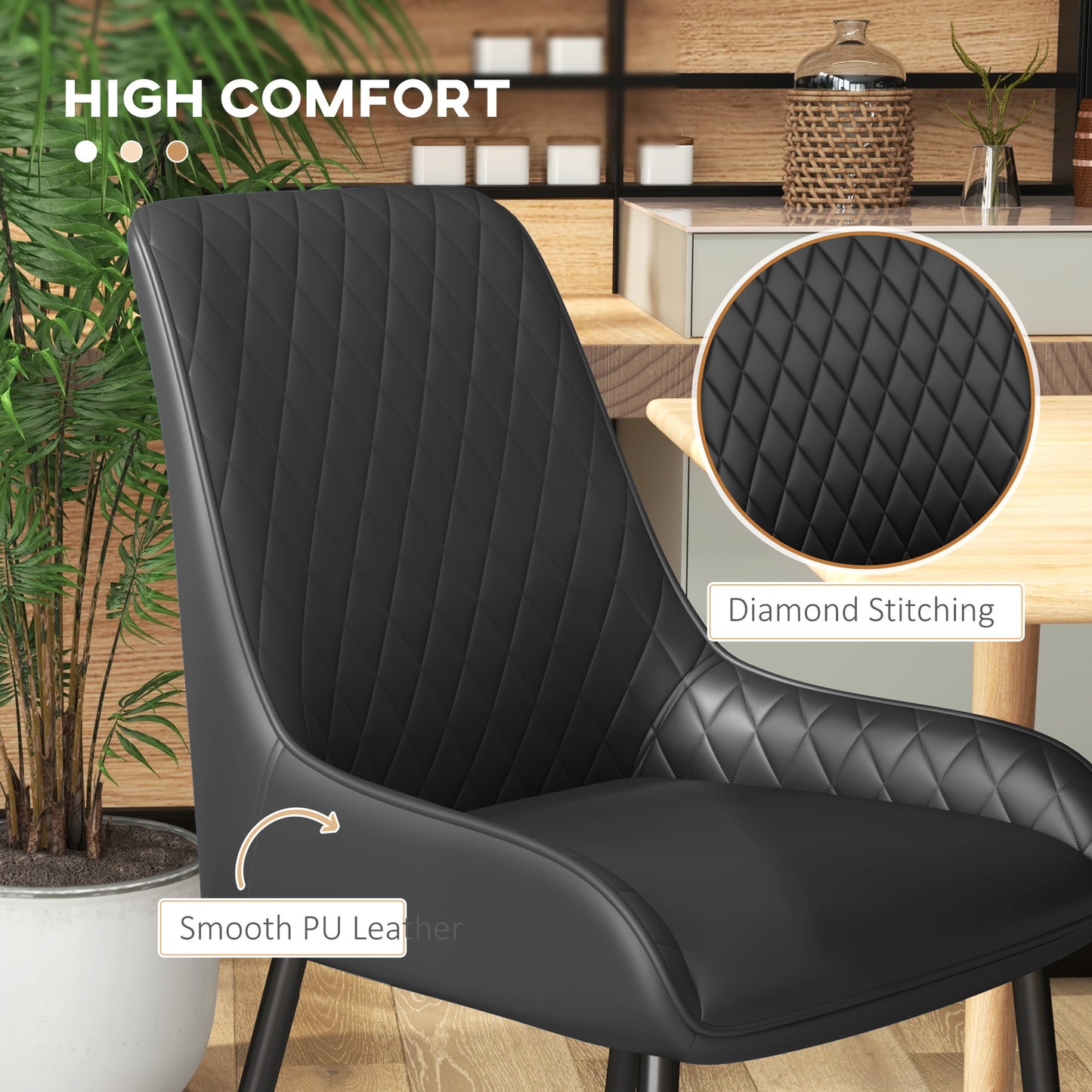 HOMCOM Upholstered Kitchen Chairs, Modern Dining Chairs Set of 2 with Diamond Tufting and Steel Legs for Dining Room, Black