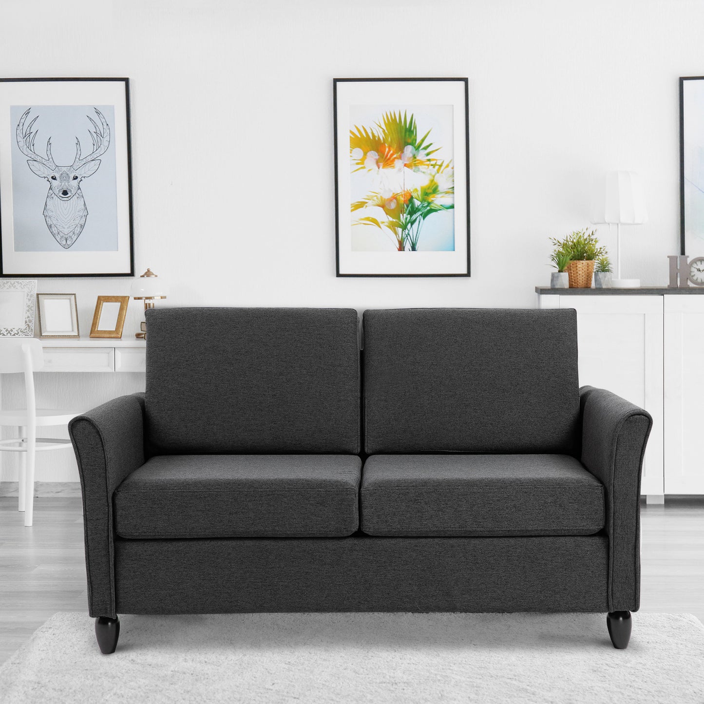 HOMCOM 2-Seat Sofa Two-Seater Couch with Armrests and Wood Legs for Living Room, Bedroom, Dark Grey