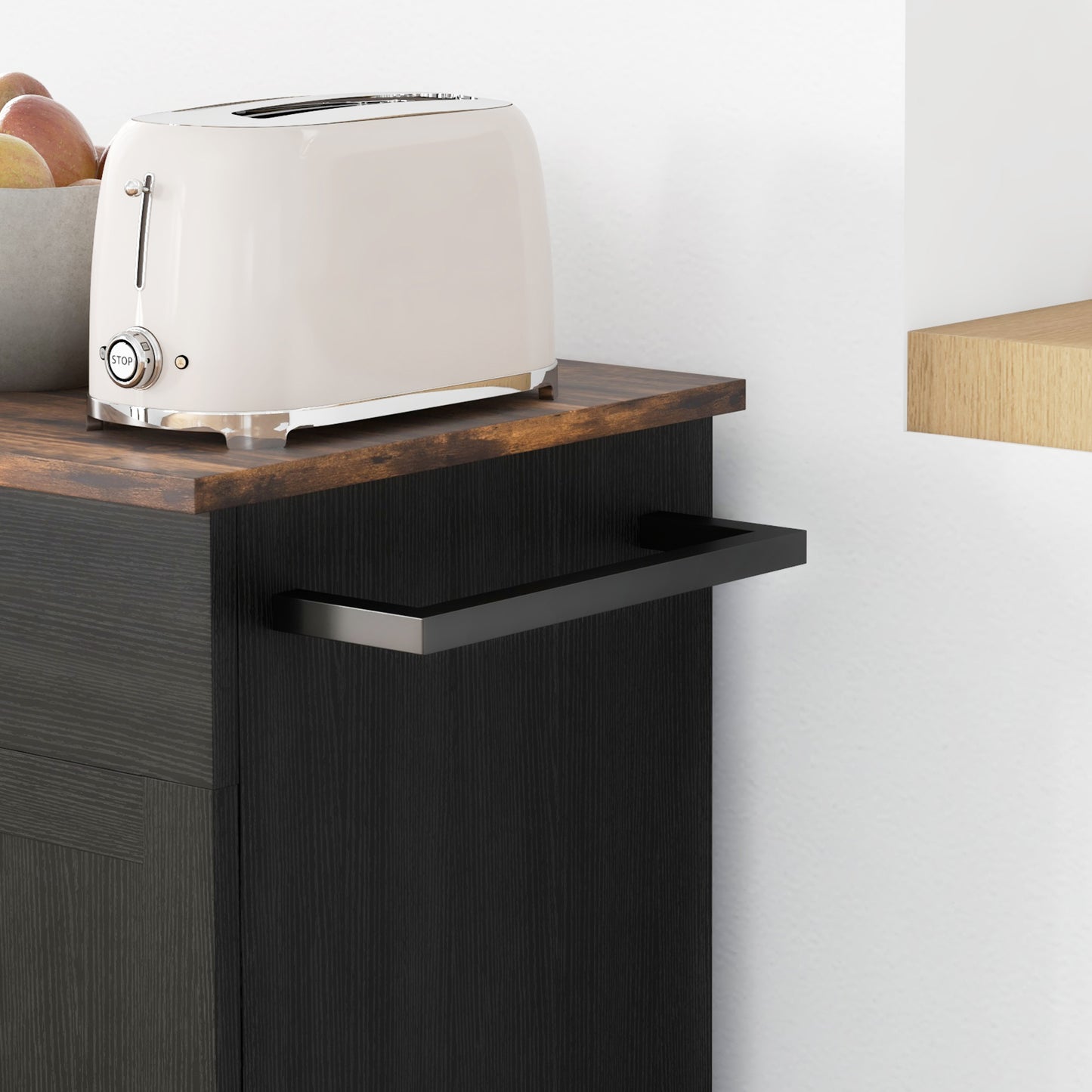 HOMCOM Modern Rolling Kitchen Island Cart with Drawer, Natural Wood Top, Towel Rack, Door Storage Cabinet, Distressed Black