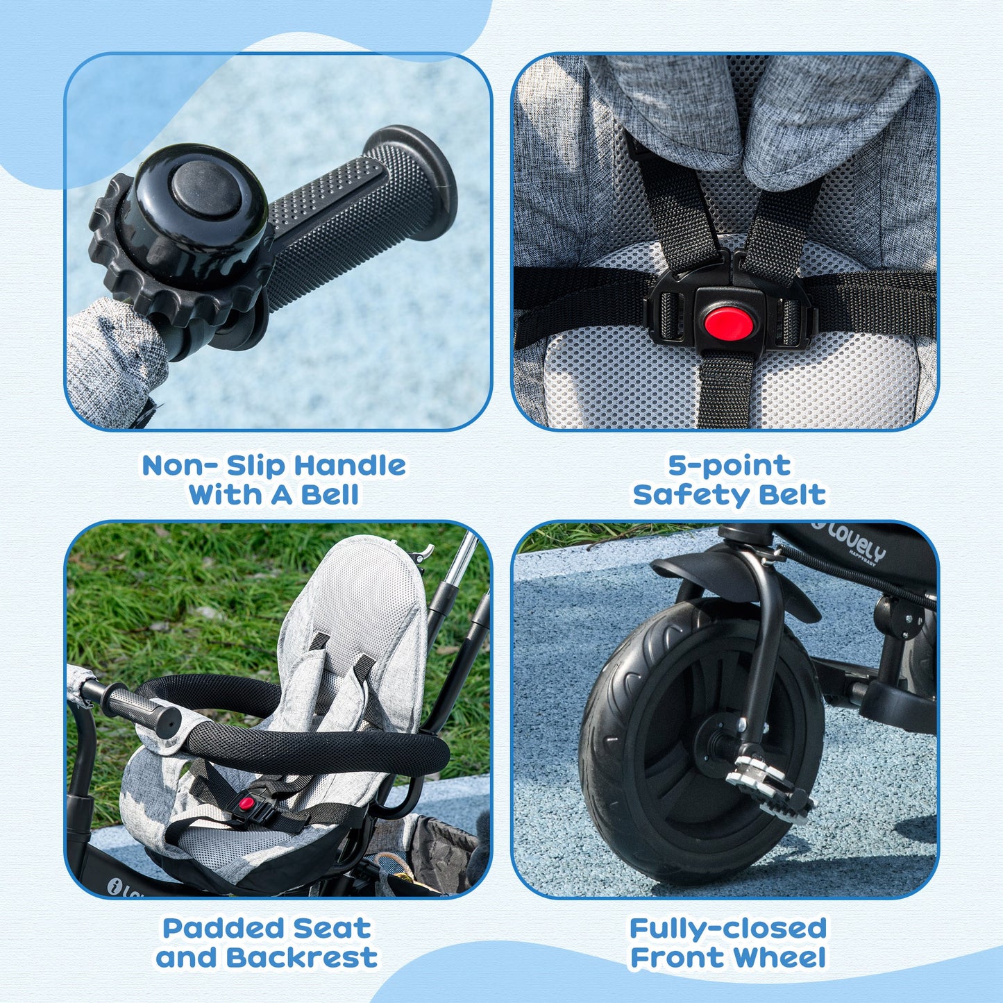 Qaba 6 in 1 Toddler Tricycle Stroller with Basket, Canopy, 5-point Safety Harness, for 12-60 Months, Blue