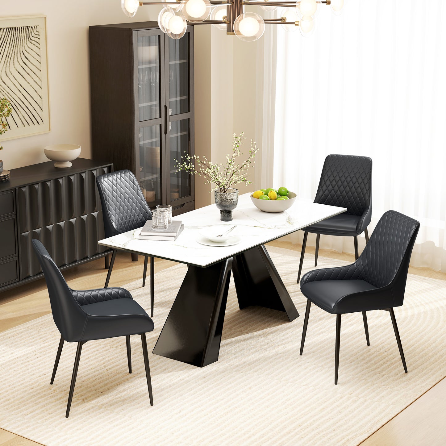 HOMCOM Upholstered Kitchen Chairs, Modern Dining Chairs Set of 2 with Diamond Tufting and Steel Legs for Dining Room, Black