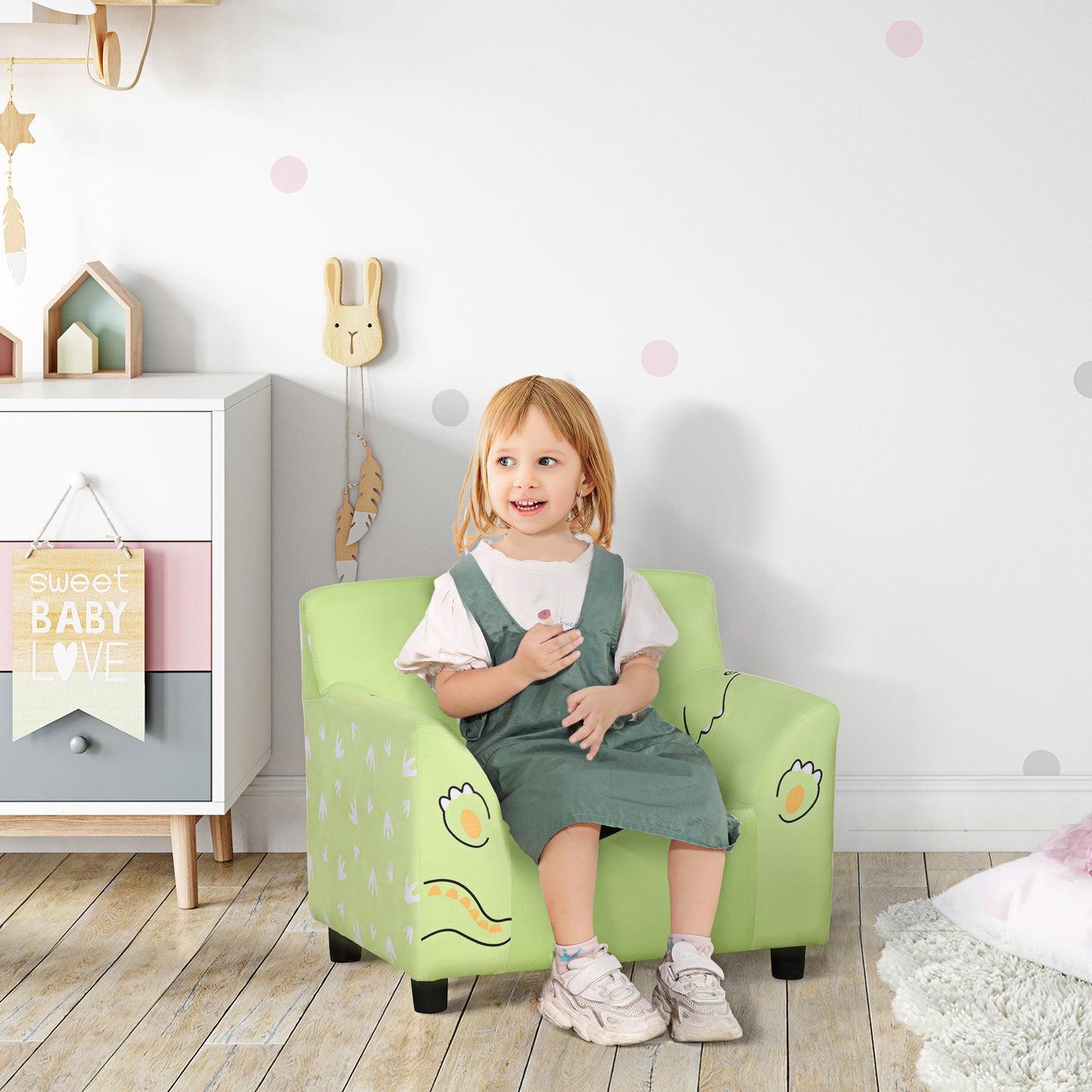 Qaba Kids Sofa, Armrest Chair for Preschool, Toddler Couch for Kids Room, Kindergarten with Cute Animal Print, Super-soft Velvet, Eucalyptus Wood, Green