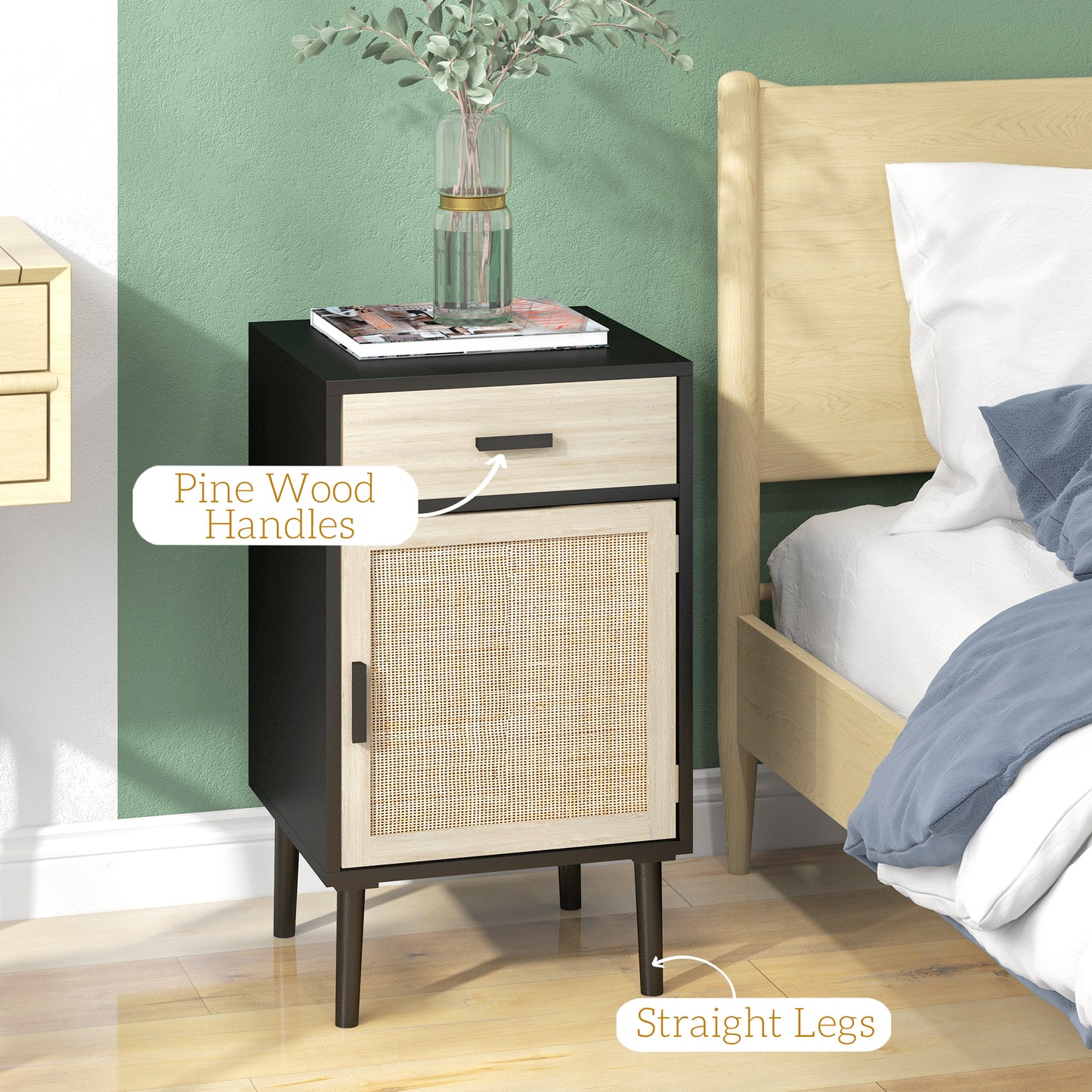 HOMCOM Boho Bedside Tables Set of 2, Nightstands with Drawer, Rattan Cabinet, Adjustable Shelf for Bedroom, Living Room, Black