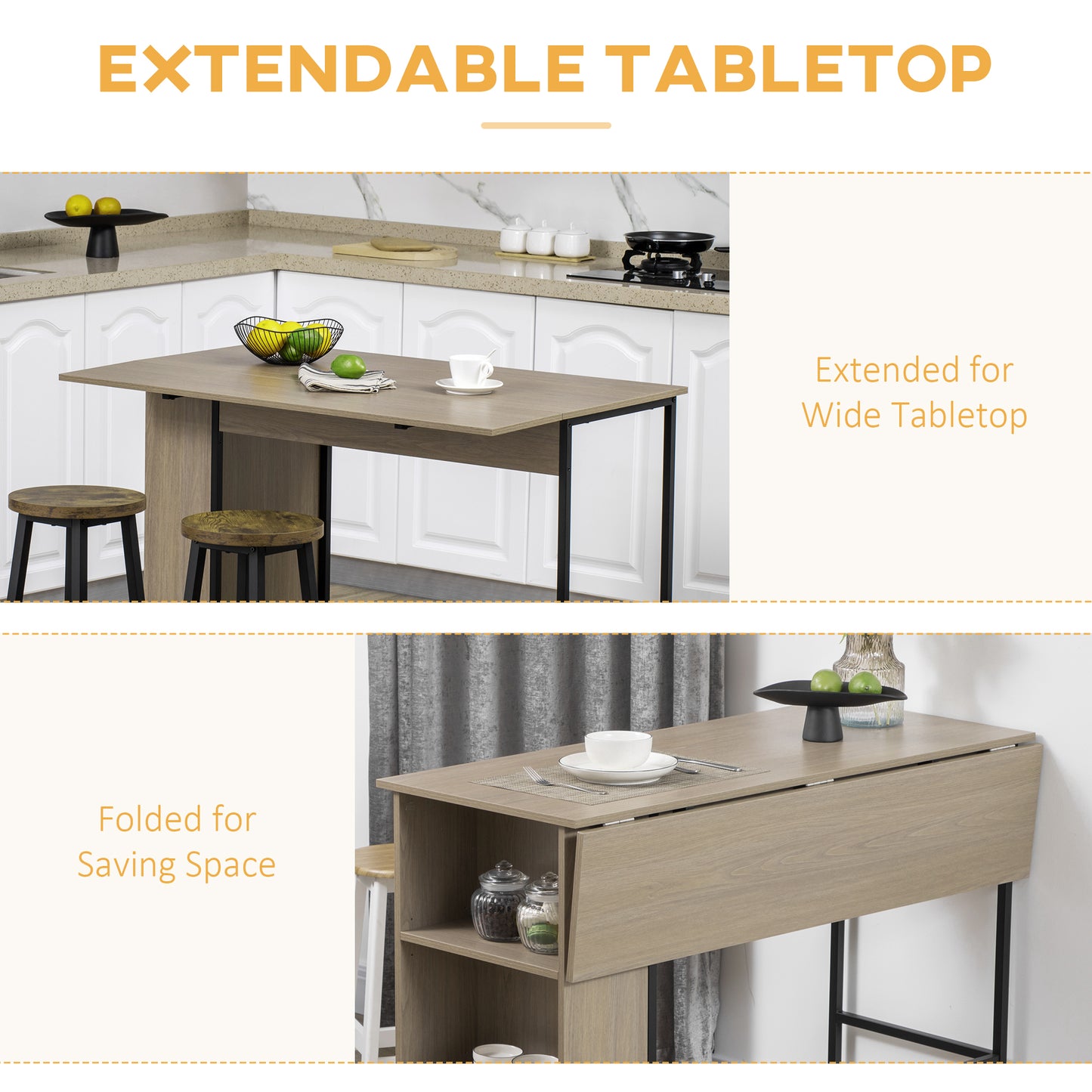 HOMCOM Counter Height Table with Drop Leaf, Extendable Bar Table with Adjustable Storage Shelf, Rustic Brown