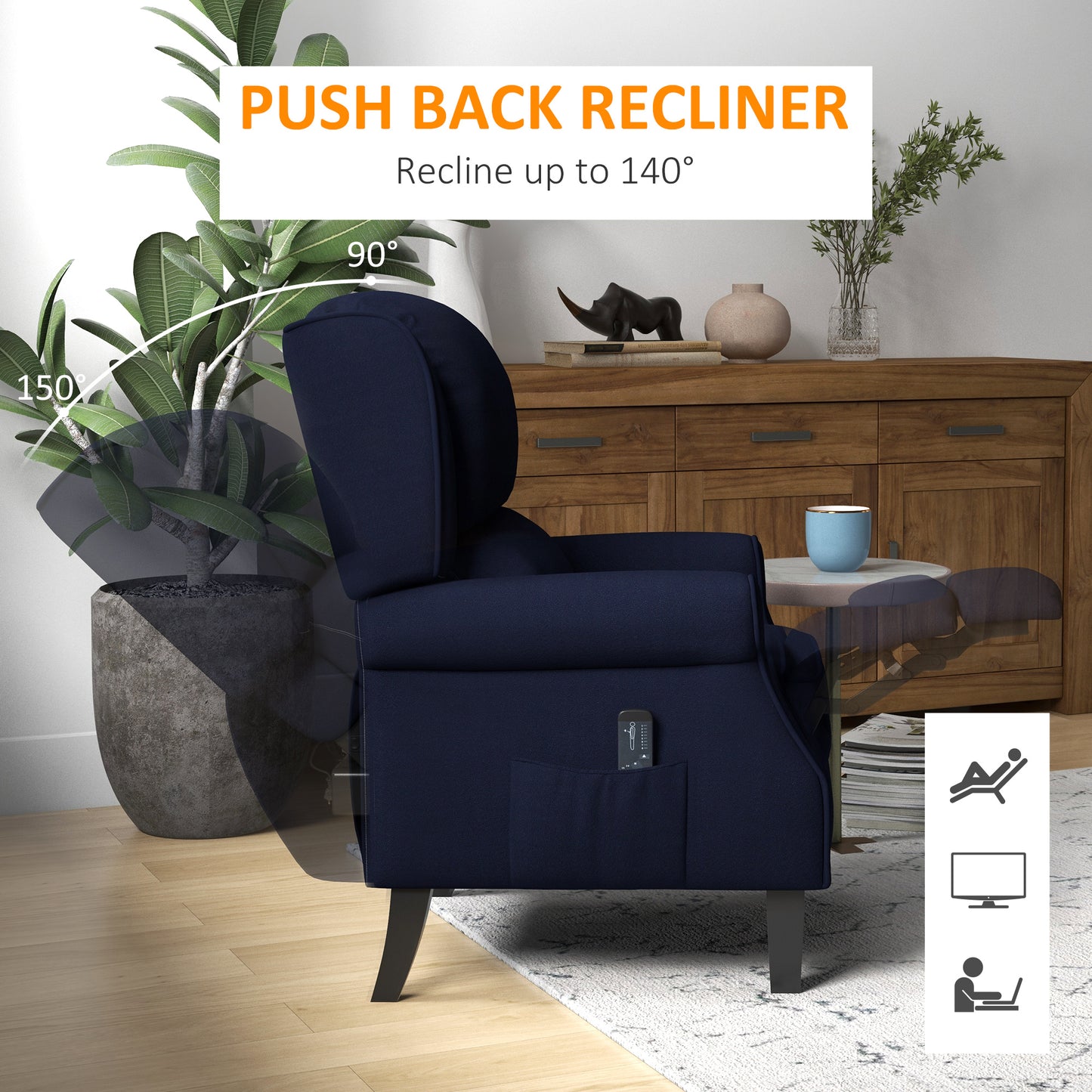 HOMCOM Massage Recliner Chair for Living Room, Push Back Recliner Sofa, Suede Wingback Reclining Chair with Extendable Footrest, Wood Legs, Remote Control, Side Pockets, Black