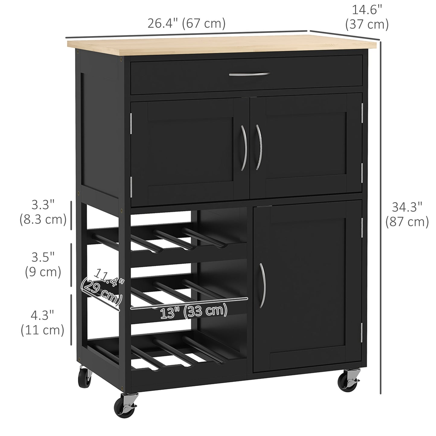 HOMCOM Rolling Kitchen Cart, Kitchen Island with Storage Drawer, 9-bottle Wine Rack, Door Cabinets, Wooden Countertop, White