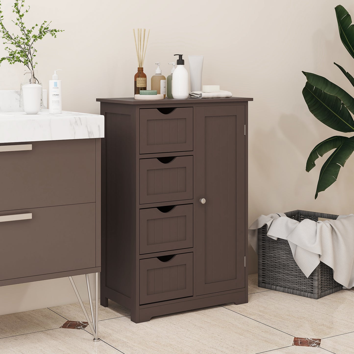 kleankin Bathroom Storage Cabinet, Floor Cabinet with Adjustable Shelf and 4 Drawers, Side Cabinet for Washroom, White