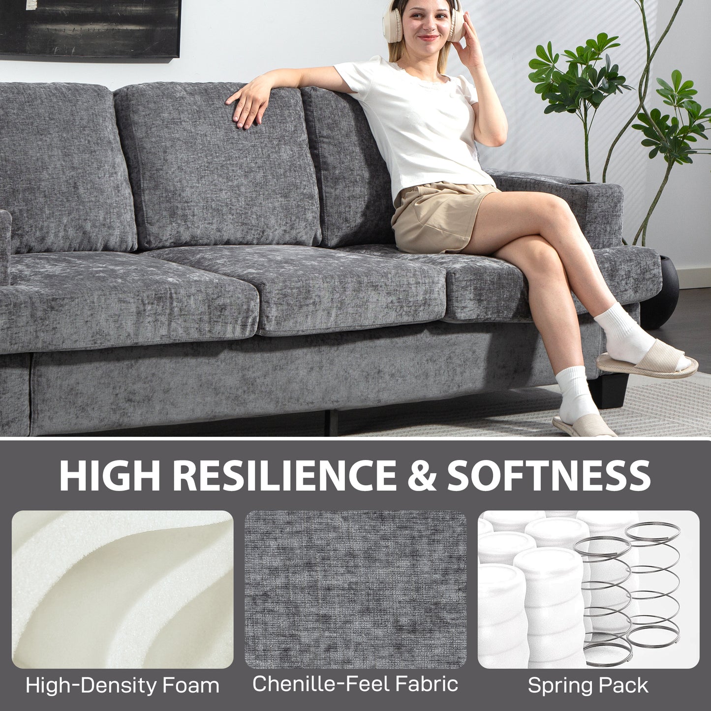 HOMCOM 3 Seater Sofa with USB Ports & Cup Holders, Chenille-Feel Upholstered Couch for Living Room, Light Brown
